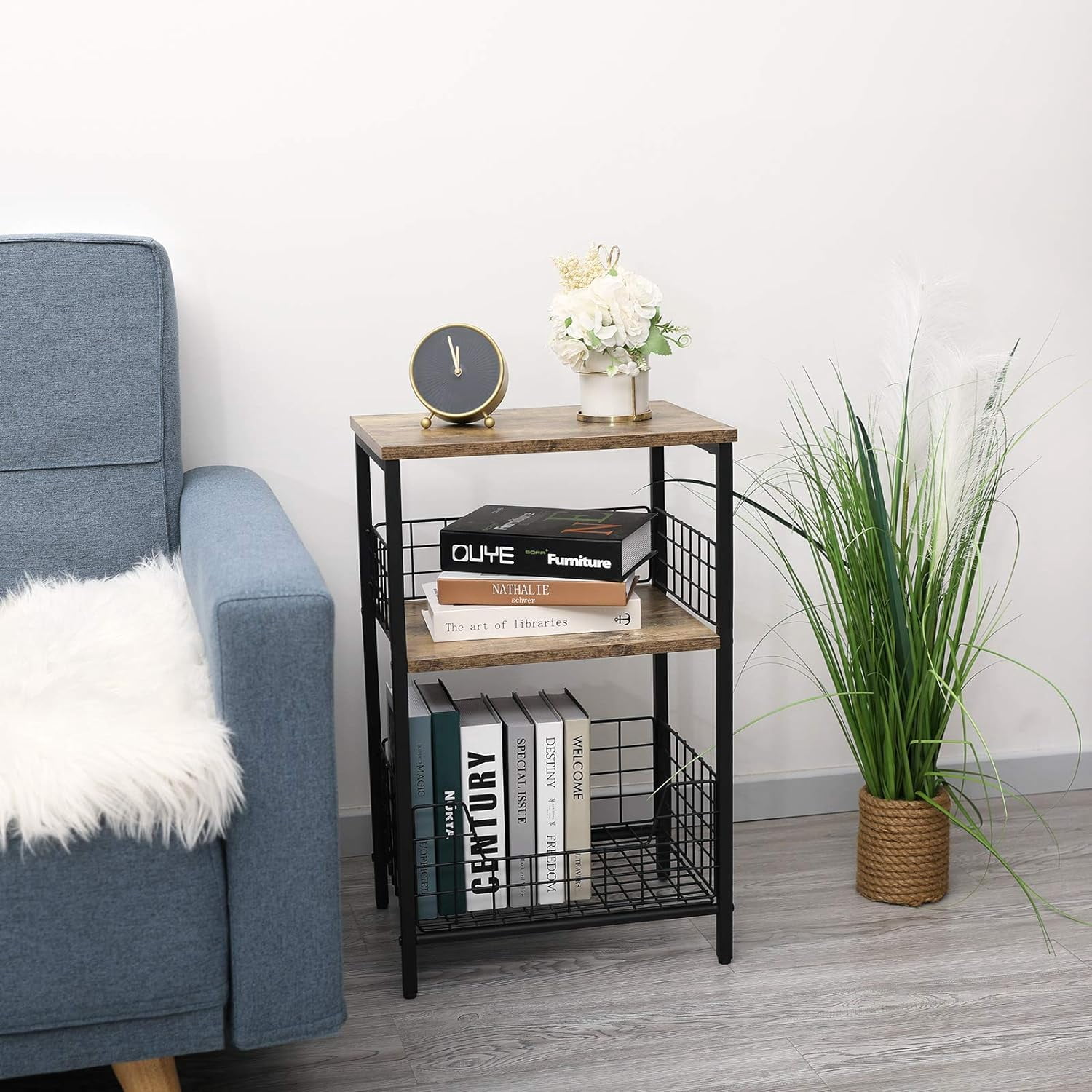 X-cosrack End Table,3 Tire Industrial Side Table,Wood & Metal Frame Nightstand Storage Shelf for Living Room Office Hallway(Brown+Black) - Image 8