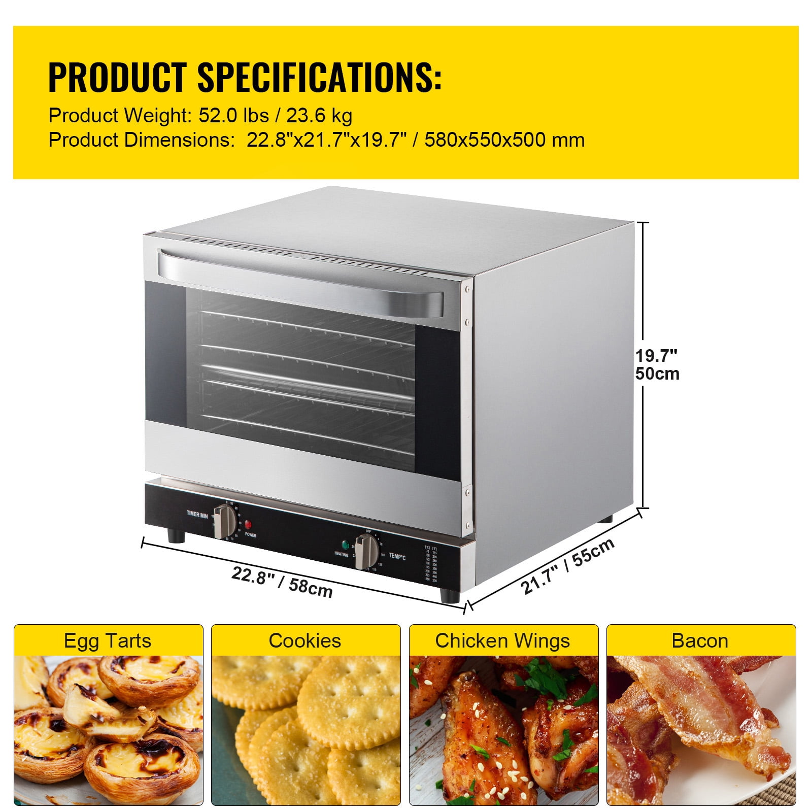 KFFKFF Commercial Convection Oven, 66L/60Qt, Half-Size Conventional Oven Countertop, 1800W 4-Tier Toaster with Front Glass Door, Electric Baking Oven with Trays Wire Racks Clip Gloves, 120V - Image 9