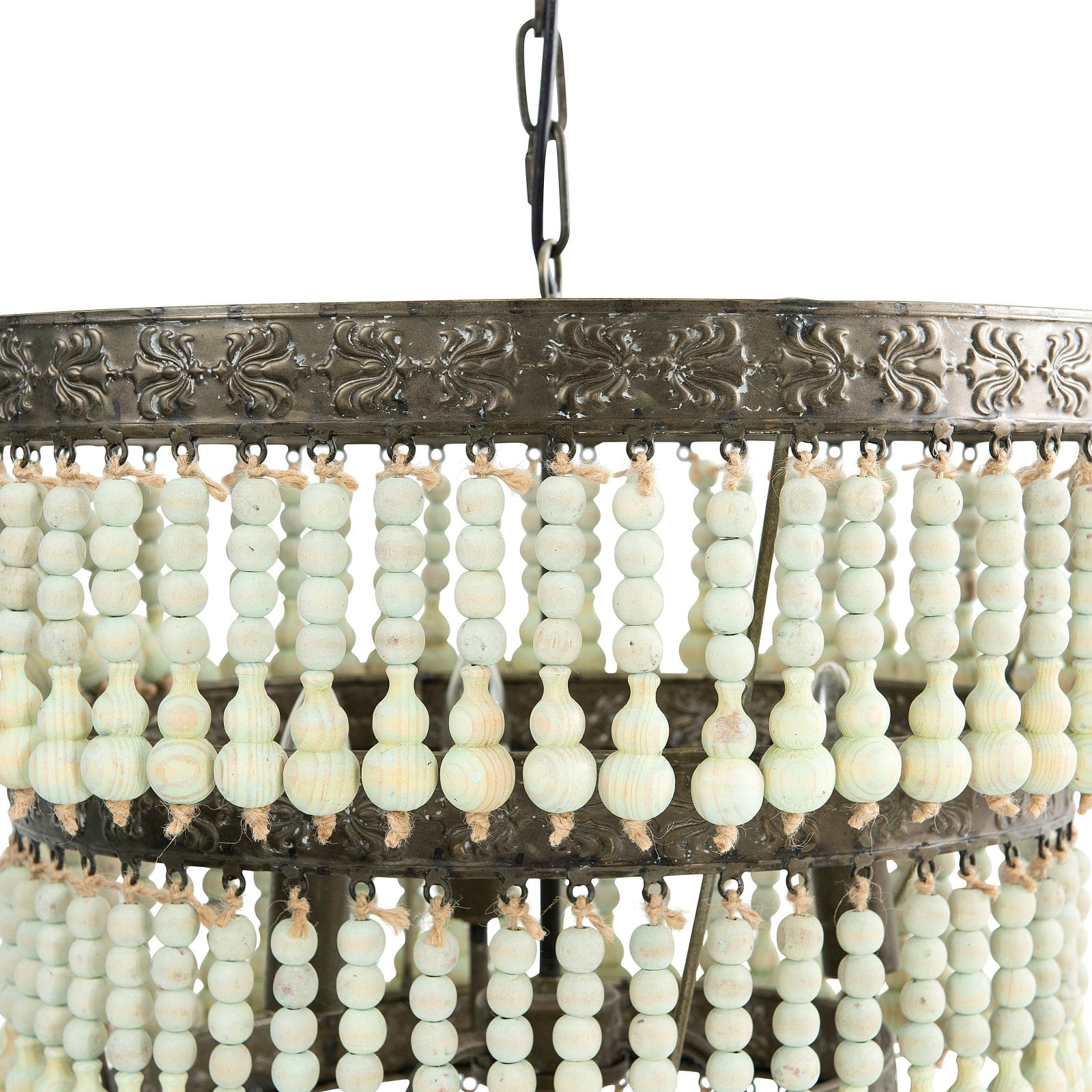 Creative Co-Op 3-Tier Round Metal Chandelier with 3 Lights & Hanging Wood Beads - Image 3