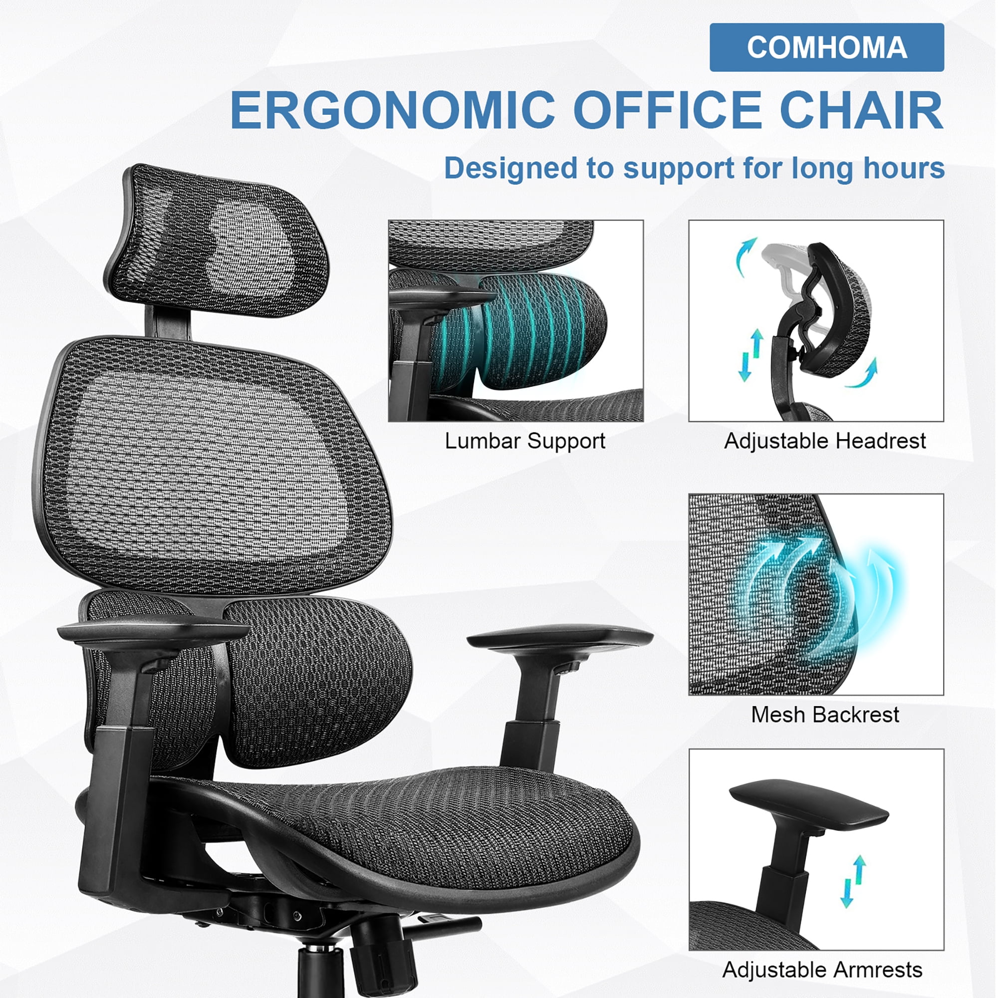Comhoma Erogonomic High Back Mesh Office Computer Chair, Black - Image 7