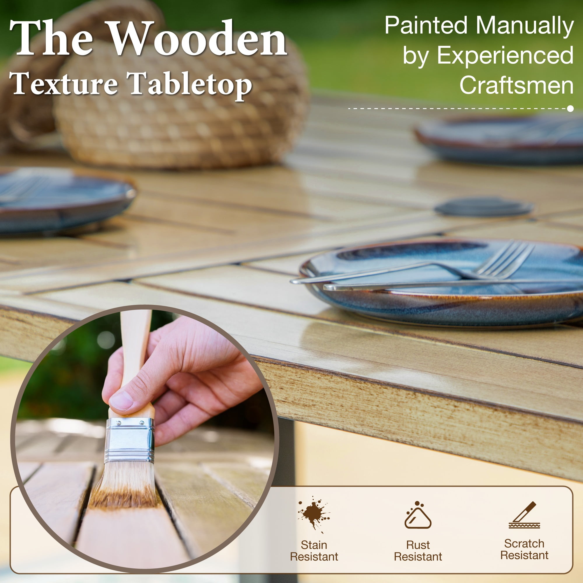 MF Studio 7-Piece Outdoor Patio Dining Set with Stacking Chairs & Wood-Grain Topped Table for 6-Person, Black - Image 7