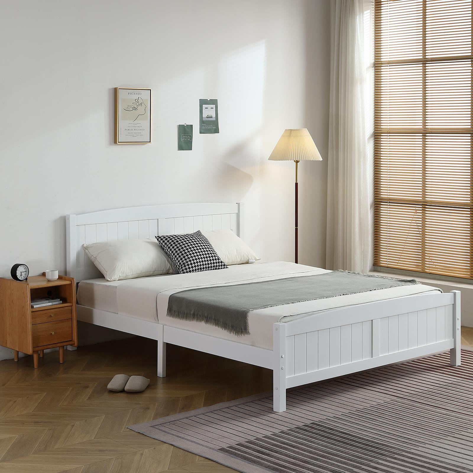 Zimtown Queen Bed Frame,Solid Pine Wood Twin Platform Bed Frame, Bedroom Queen Bed with Headboard for Adults, White - Image 11