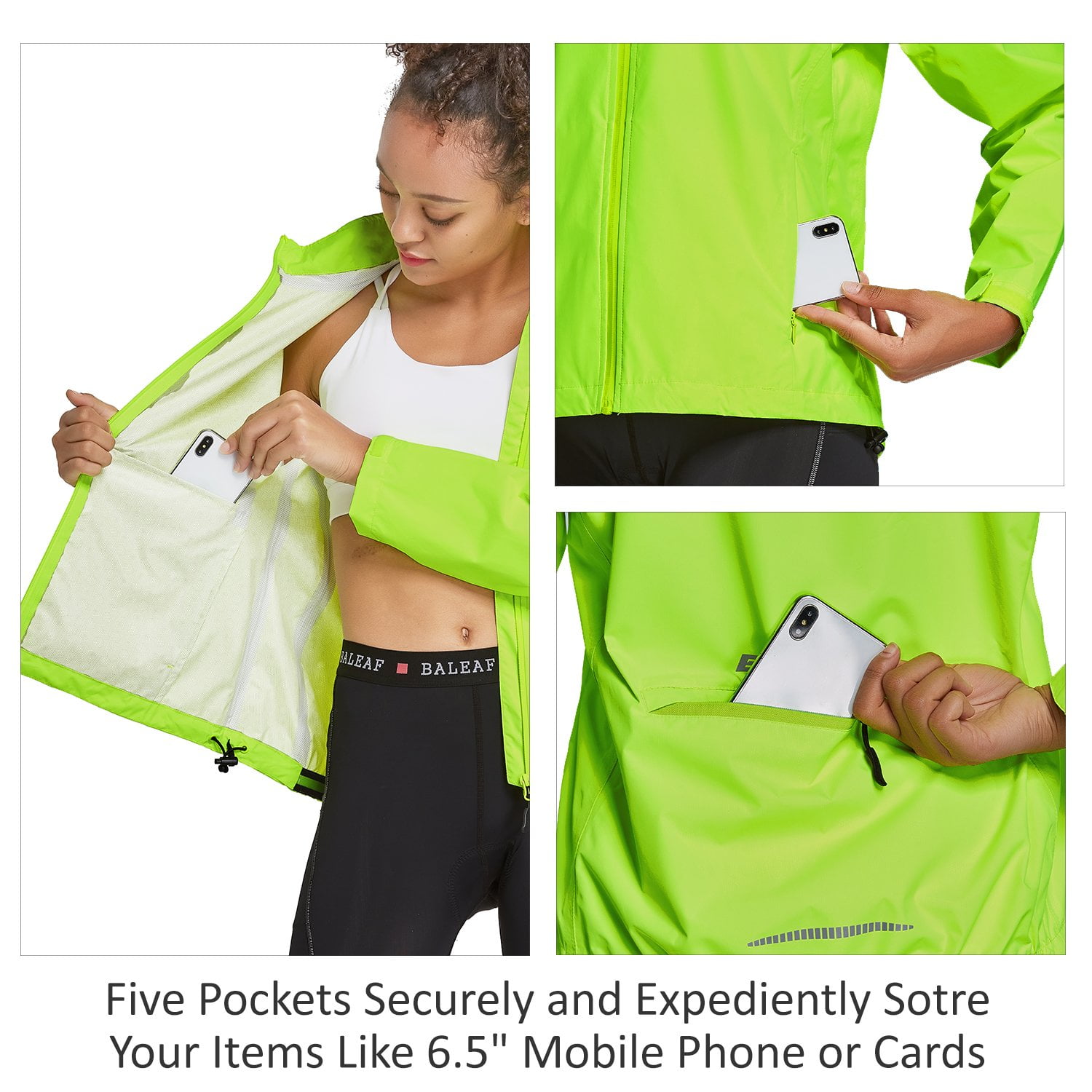 BALEAF Women' Cycling Running Rain Jackets Waterproof Hiking Wind Breakers Golf Lightweight Packable Reflective Fluorescent Yellow Size M - Image 3