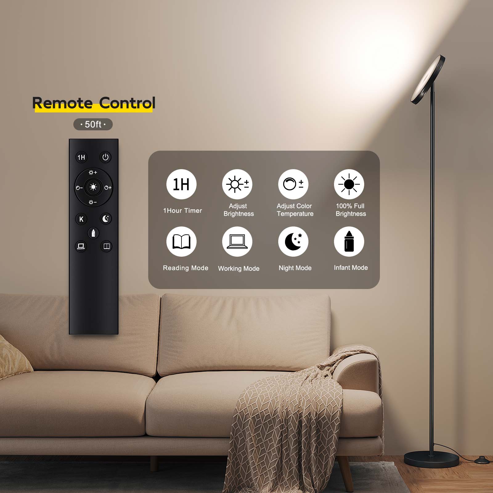 SUNMORY Floor Lamp, 3000LM Bright Floor Lamp for Living Room, LED Modern Tall Floor Lamp with 2700K-6000K Stepless Dimming, 69" Standing Lamp with Remote & Foot Switch for Bedroom Office - Image 4