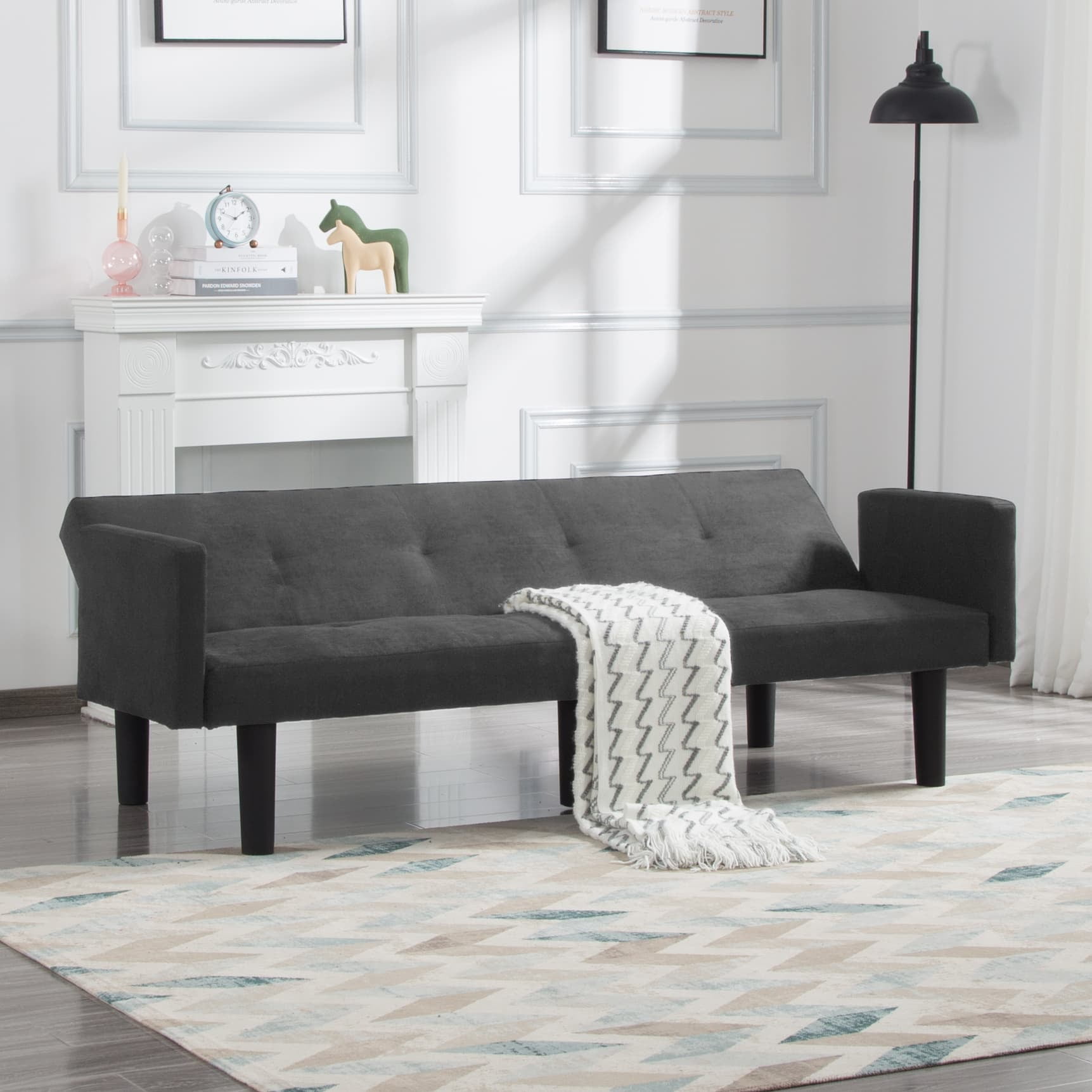 BSHTI 74.8” Futon Sofa Bed,Dark Gray Faux Suede Upholstered,Twin Size Convertible Sofa,3 Adjustable Backrest Positions,Home,Office,and Guest Room - Image 4