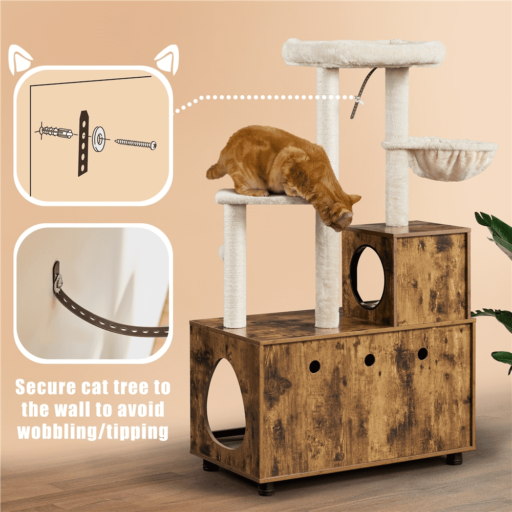 Renwick 53'' Wooden Litter Box Enclosure with Cat Tree Tower, Rustic Brown/Beige - Image 4