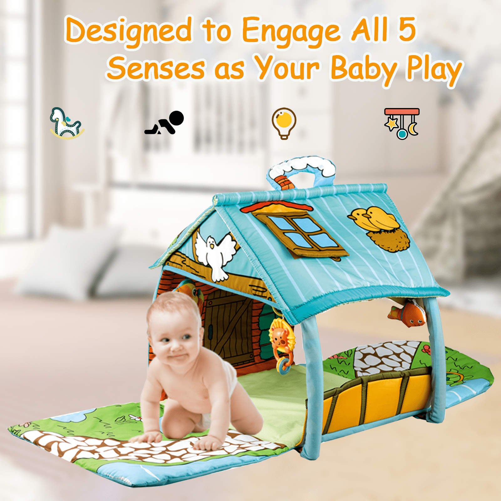 Baby Play Gym Mat,Tummy Time Mat with 5 Detachable Toys,Easy to Install & Clean Baby Activity Mat,Gift for Newborn Essentials, Promote Visual, Hearing, Touch for Baby to Toddler - Image 5