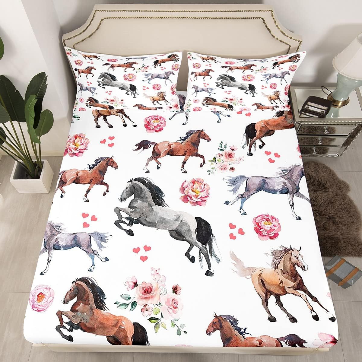 Horse Sheet Set Teens,Farmhouse Western Cowboy Cowgirls Bed Sheets Queen,Cute Love Heart Kawaii Horse Bedding Set,Rustic Pink Rose Floral Fitted Sheet + Flat Sheet + 2 Pillowcases - Image 6