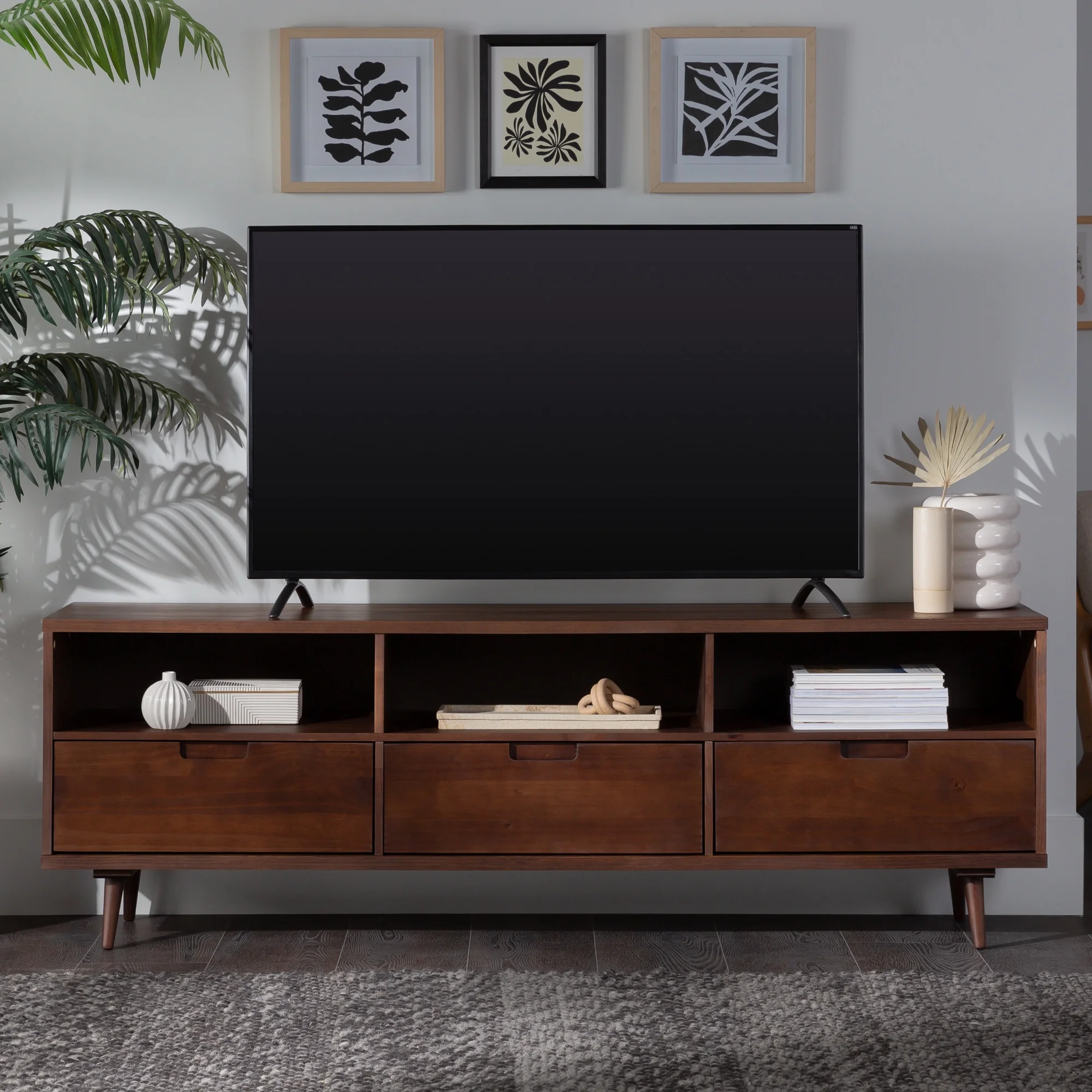 Walker Edison Modern Boho Wood 3 Drawer 70” TV Stand, Walnut - Image 14