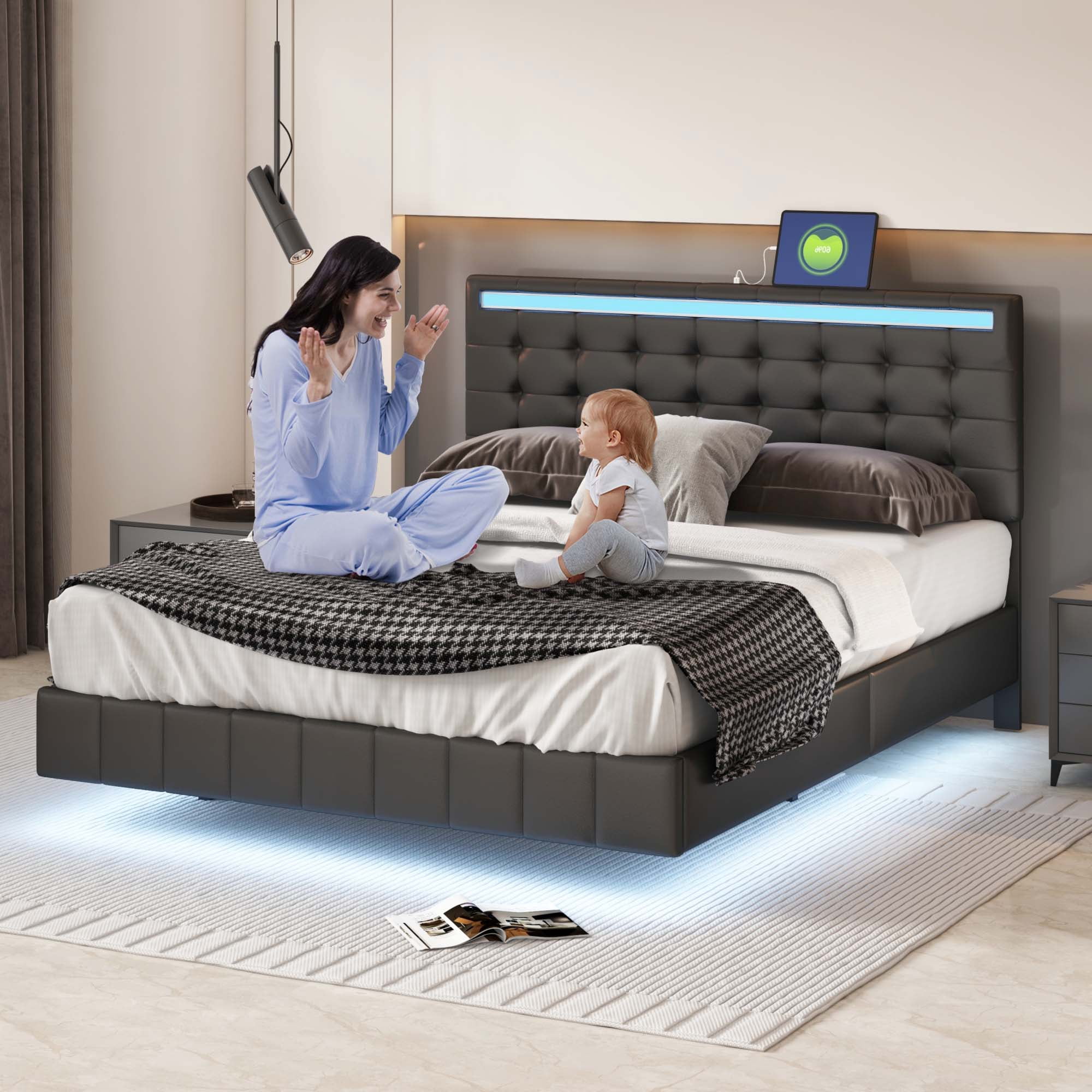 Aukfa Upholstered LED Bed, Queen Platform Bed with LED Lights and USB Ports - Black - Image 6