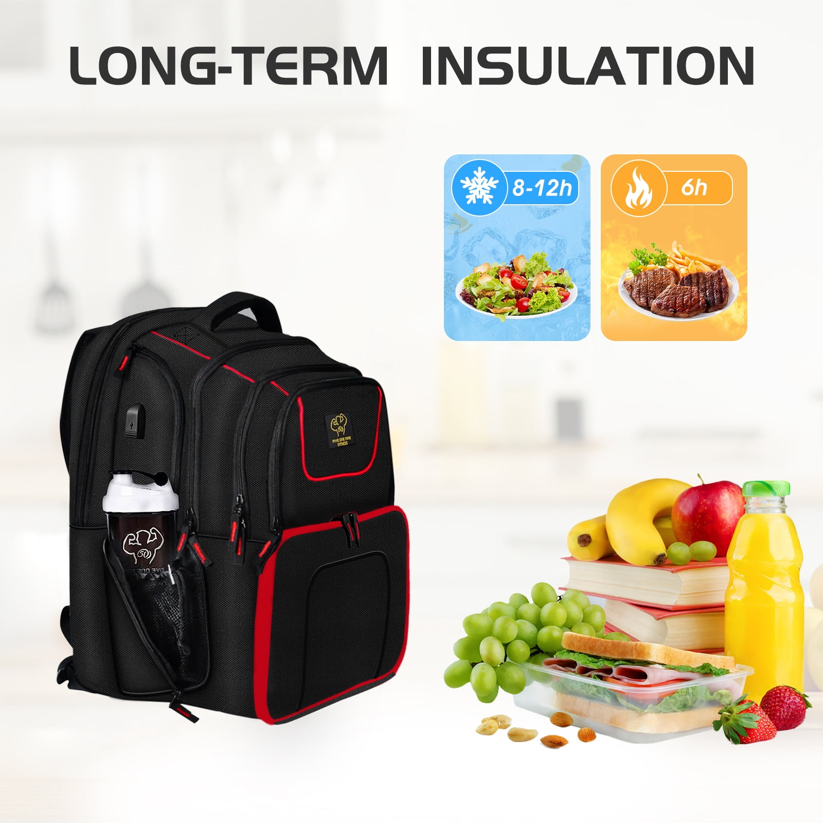 519 Fitness Meal Prep Backpack, Insulated Bodybuilding Lunch Rucksack with Computer Compartment and 6 Meal Containers for Men and Women to Hiking/Picnic, Black - Image 5
