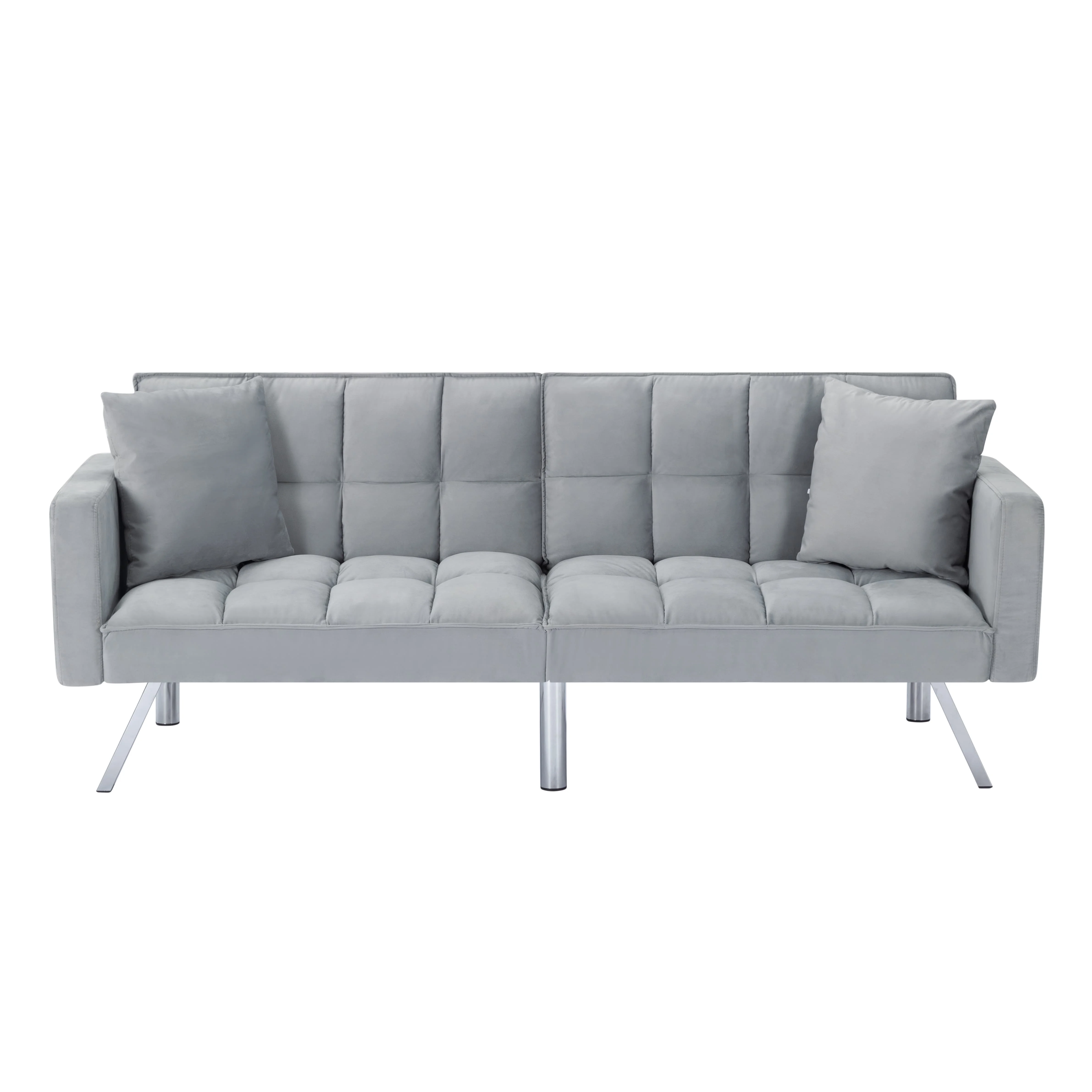 BSHTI 74” x 26.4” Futon Convertible Sofa, 3 Angles for Adjusting, Velvet Fabric, Square-Tufted Upholstery, with Silver Metal Legs, Twin Size Sleeper Sofa, Light Gray - Image 4