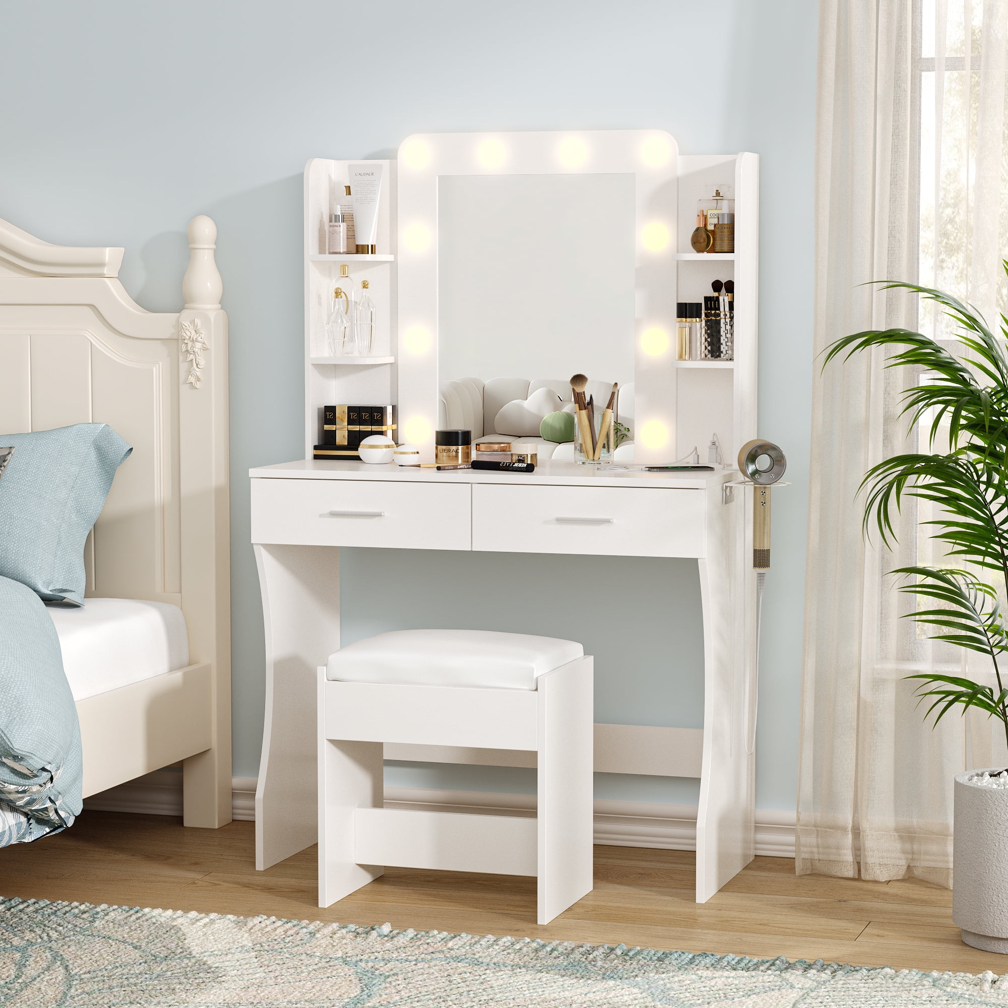 Vabches Vanity Set with Mirror and Lights & Power Outlet Makeup Vanity with 2 Drawers& 6 Shelves, White - Image 5