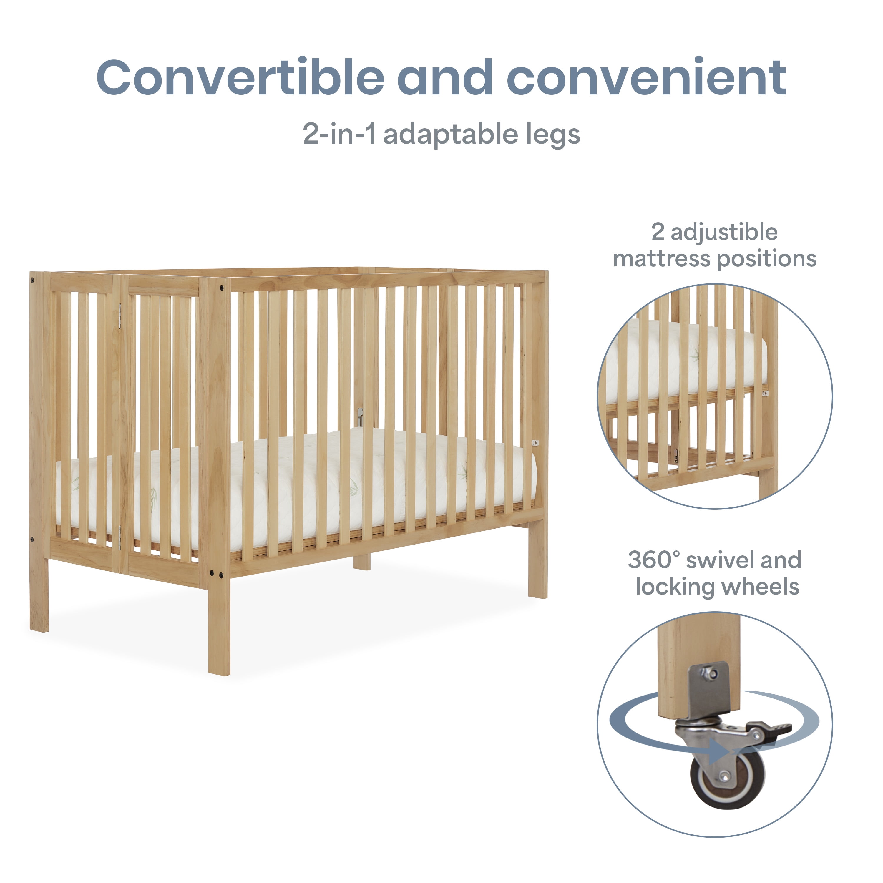 Dream On Me Quinn Full-Size Folding Crib, Removable Wheels, Modern Nursey, Adjustable Mattress Support, Patent Folding System in Natural - Image 9