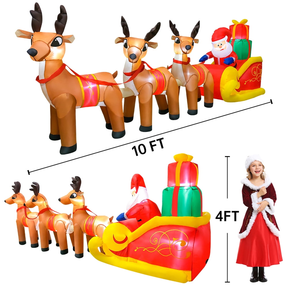 DeeKom 10' Christmas Inflatable Outdoor Decorations, Xmas Blow Up Santa Claus on Sleigh with 3 Reindeers, Built-In LED Lights - Image 3