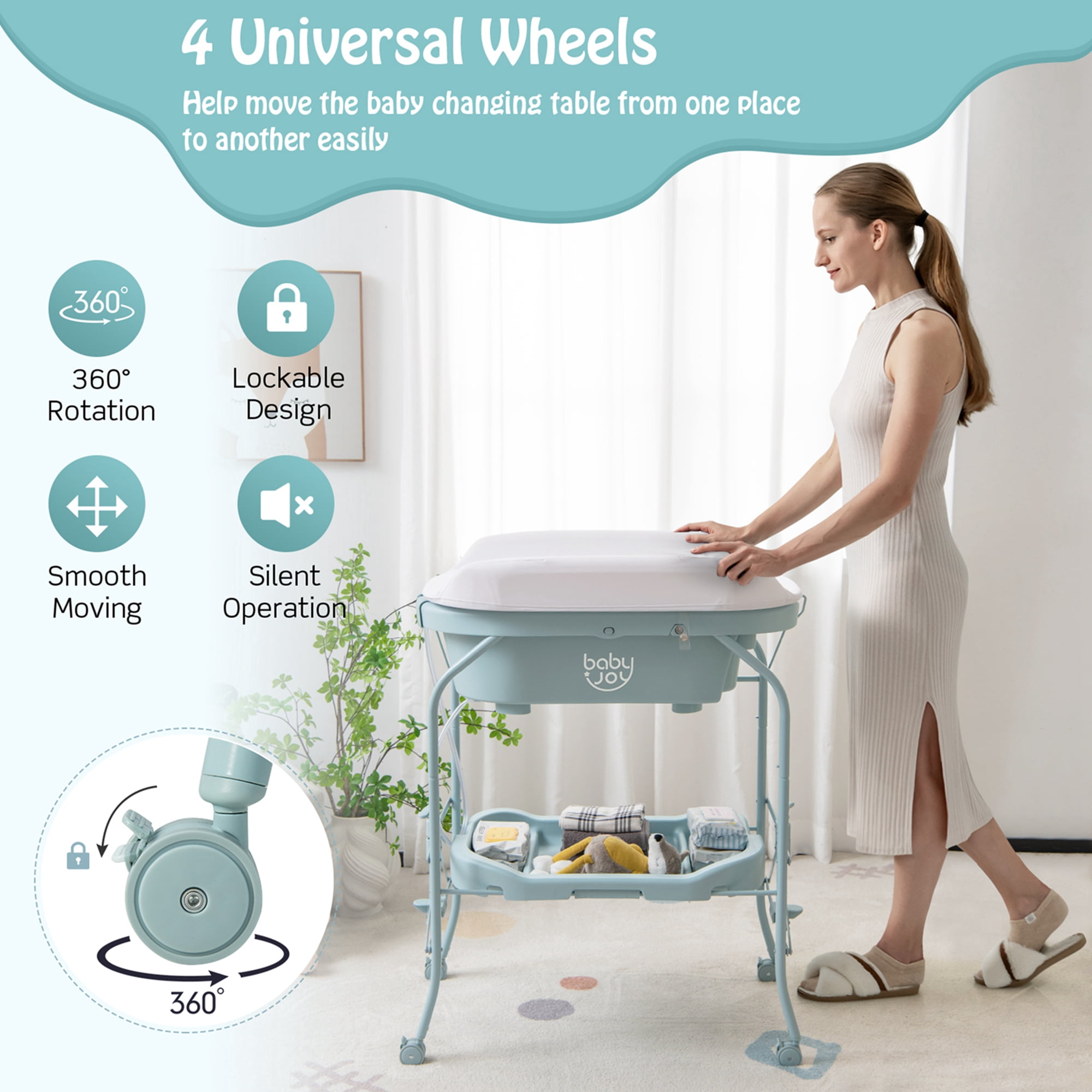 Babyjoy Changing Table with Bathtub Folding Portable Diaper Station Steel 0-12 Months PP Blue - Image 6