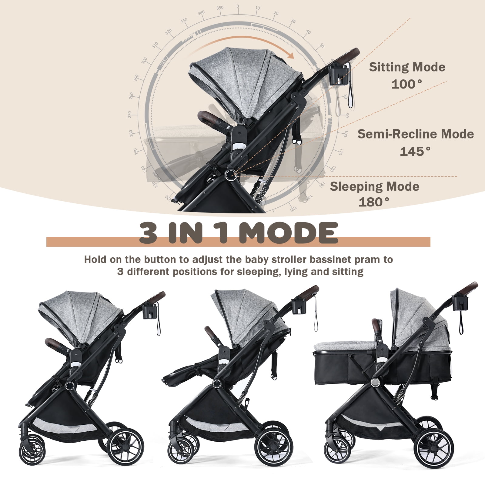 AILEEKISS Baby Stroller, 3 in 1 Stroller for Newborn, Folding Infant Pushchair, 22LB, Grey - Image 9
