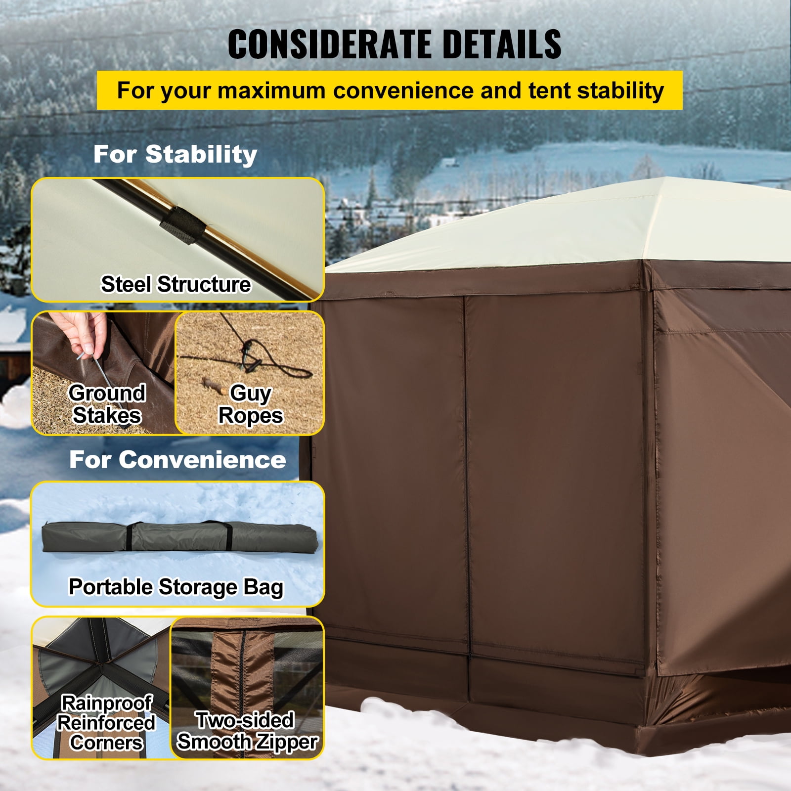BENTISM 10'x10' Camping Gazebo Tent, 6 Sided Pop-up Canopy Screen Tent for 8 Person Camping, Waterproof Screen Shelter with Portable Storage Bag, Ground Stakes, Mesh Windows - Image 3