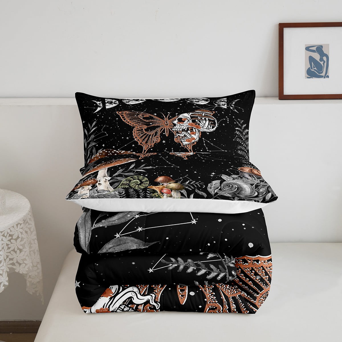 Moth Skull Decor Bedding Sun and Moon Skeleton Bones Bedding Comforter Sets Boho Mushroom Fungus Gothic Butterfly Comforter Set Halloween Witchy Moon Night Hippie Duvet Insert, Queen - Image 6
