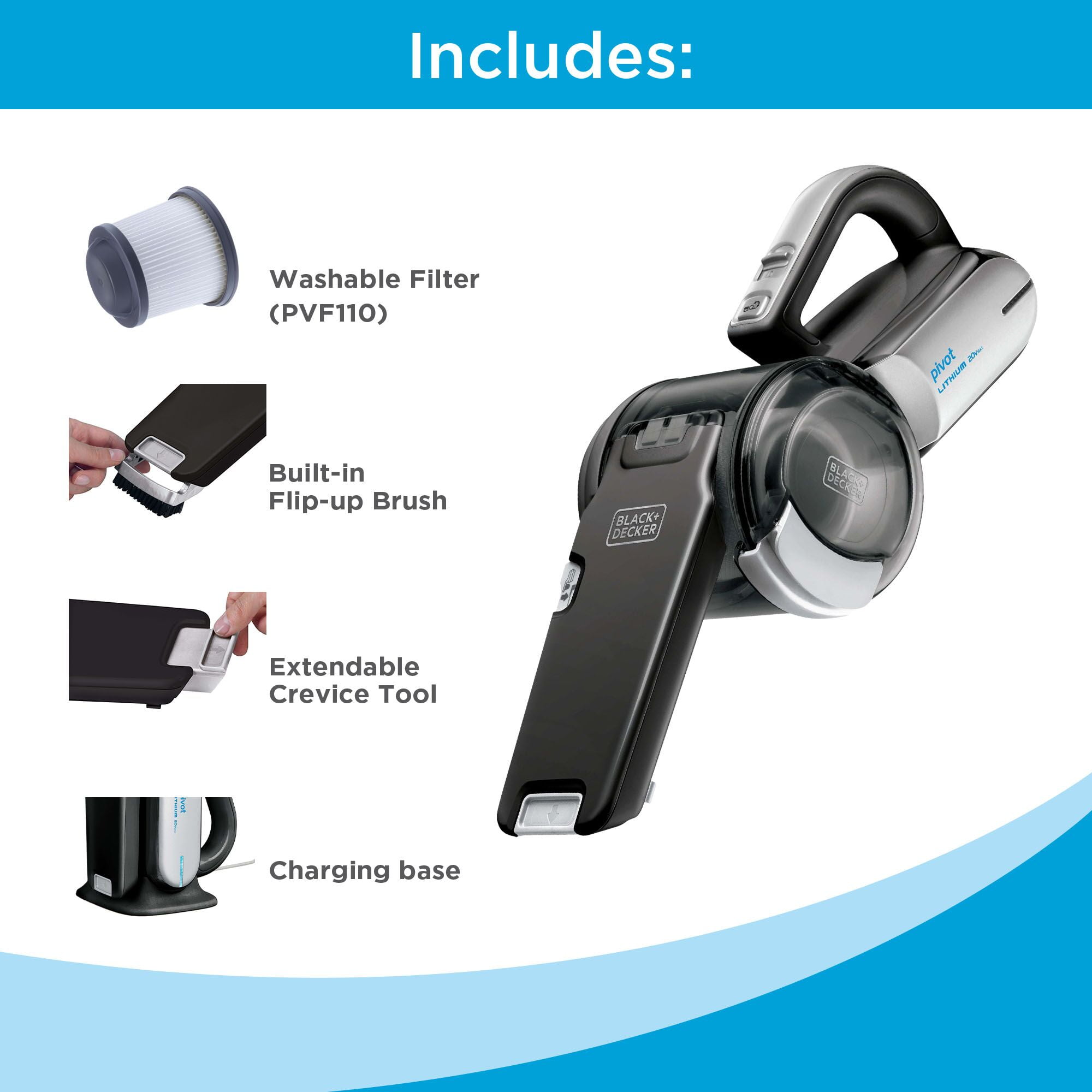 BLACK+DECKER dustbuster Pivot Cordless Handheld Vacuum, for Home & Car, with Pivoting Wide Mouth Nozzle, BDH2000PL, Black - Image 7