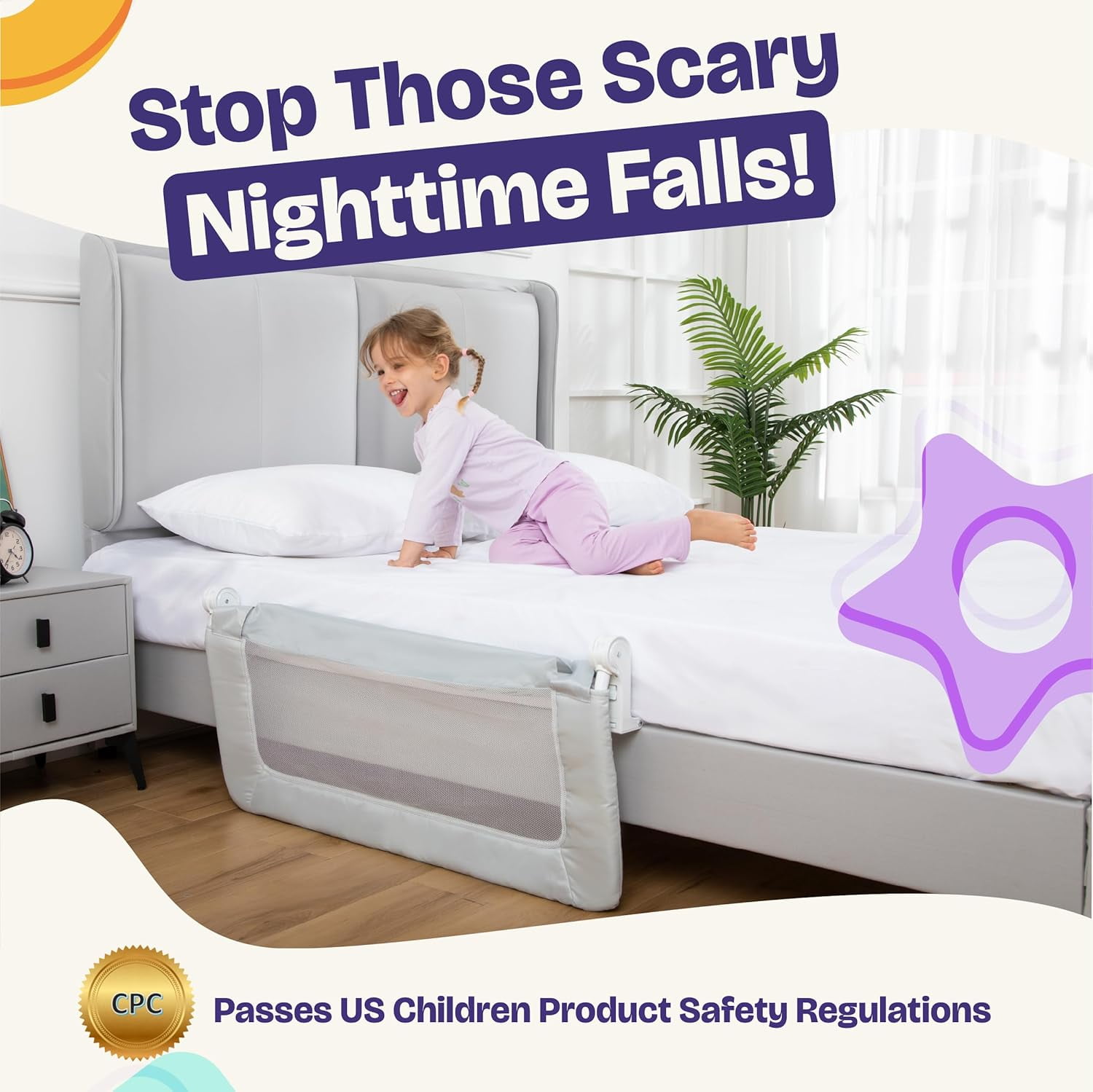 Comfybumpy Toddler Bedrail, Child Swing Down Bed Safe Guard, 35.5" L x 19.5" H, Regular, Gray, 1 Pk - Image 3