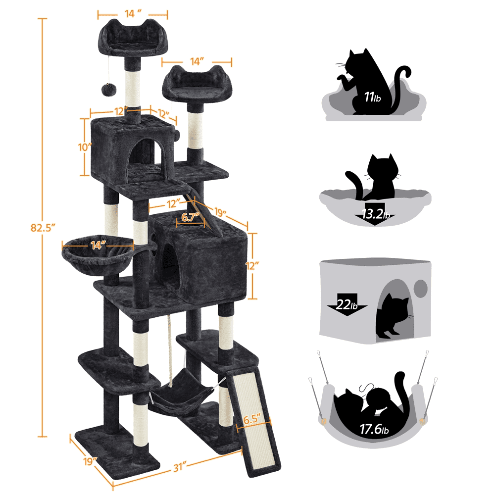 Alden Design 82.5" H Multi Level Cat Tree with 2 Cozy Condos and Basket, Black - Image 8