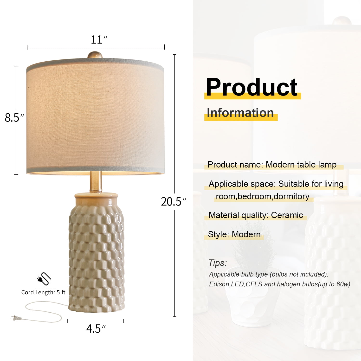 Oneach Farmhouse Ceramic Table Lamp Set of 2 for Living Room Bedroom 20.5" Modern Bedside Nightstand Lamps - Image 3