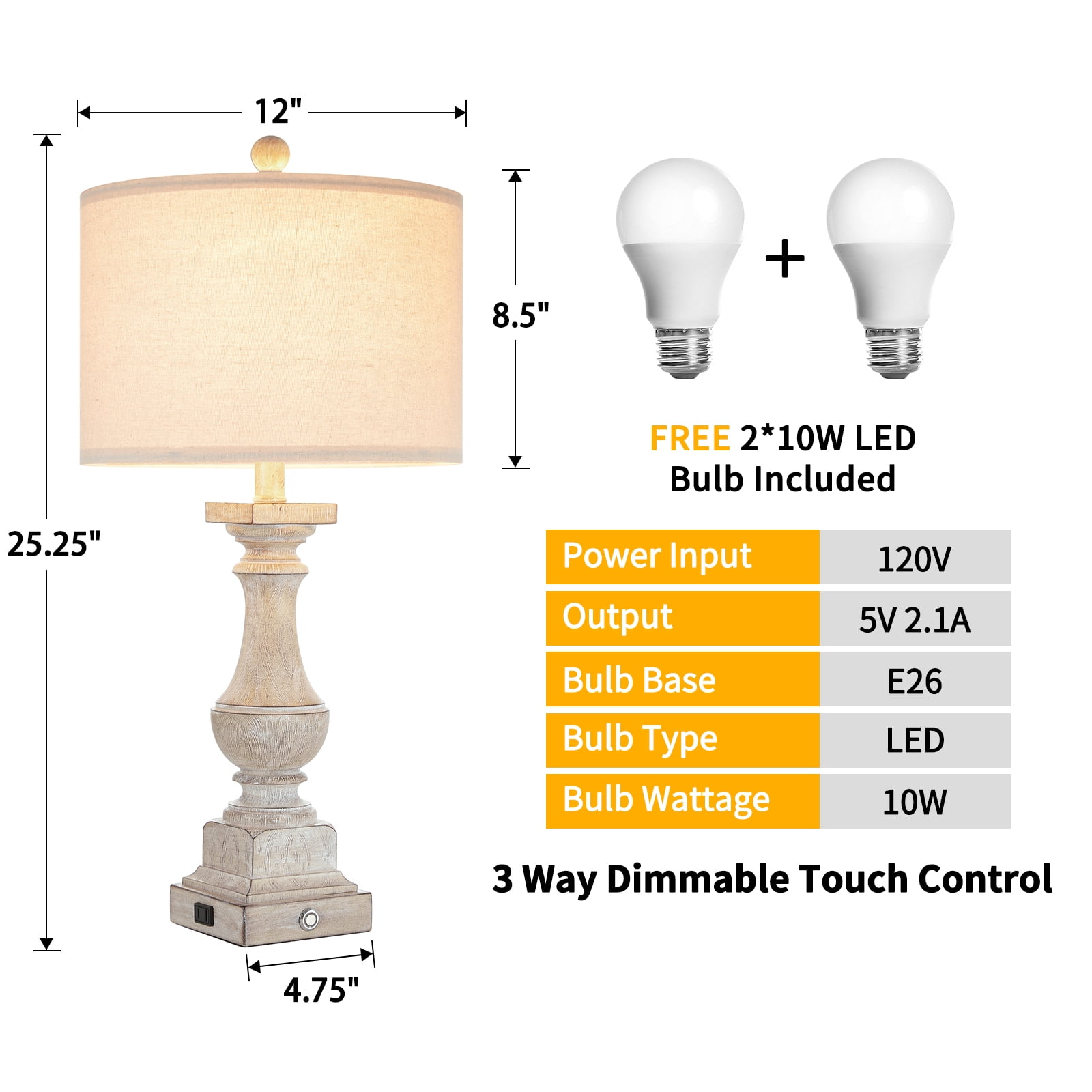 Kyrid 25.5'' Table Lamp Set of 2 Rustic Touch Control Bedside Nightstand USB Lamps (Bulbs Included) - Image 3