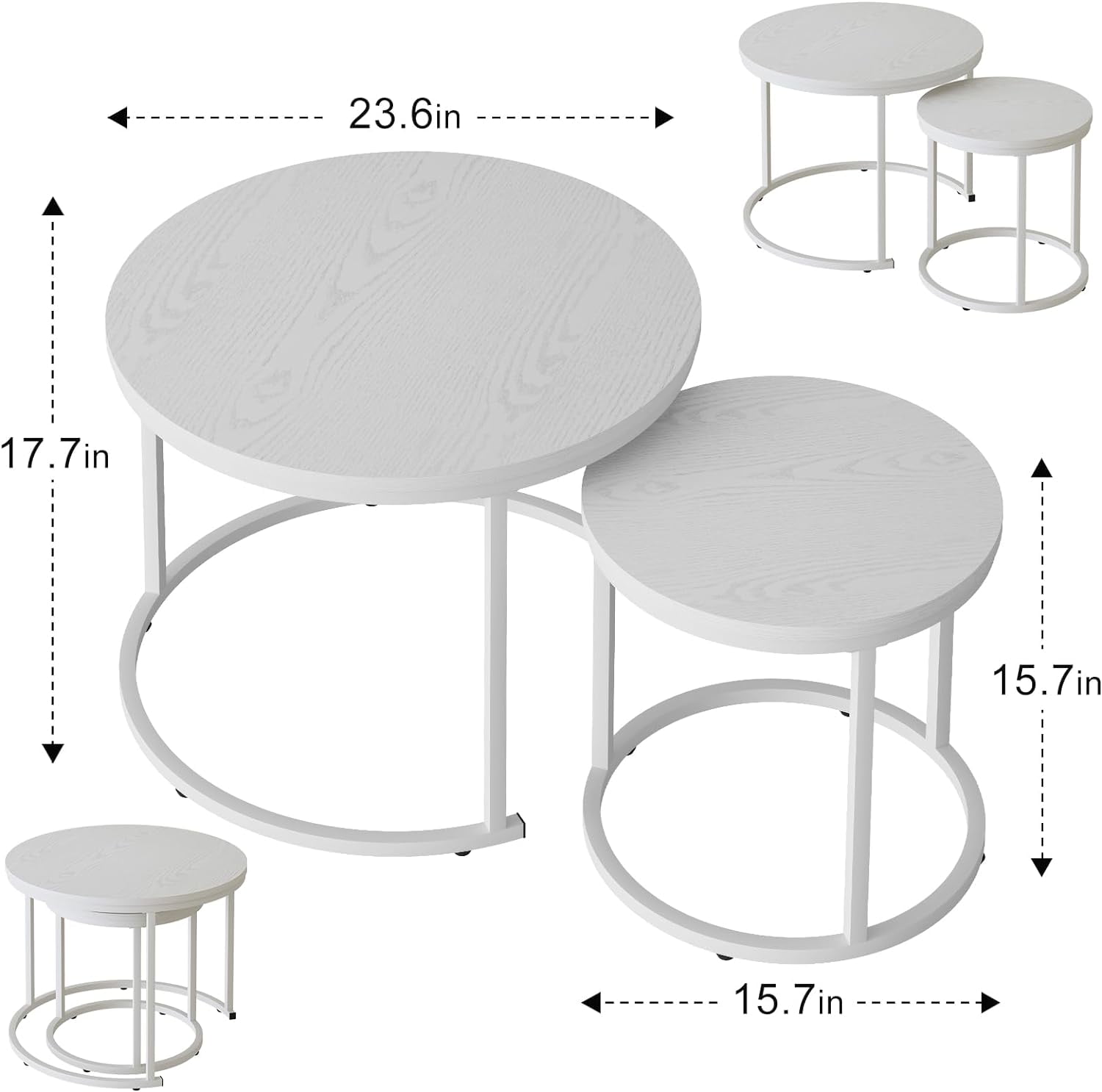 Nesting Coffee Table Round Side Table Set of 2 End Tables for Living Room Bedroom Balcony,White Wooden Stacking Accent Coffee Tables with Metal Frame - Image 7