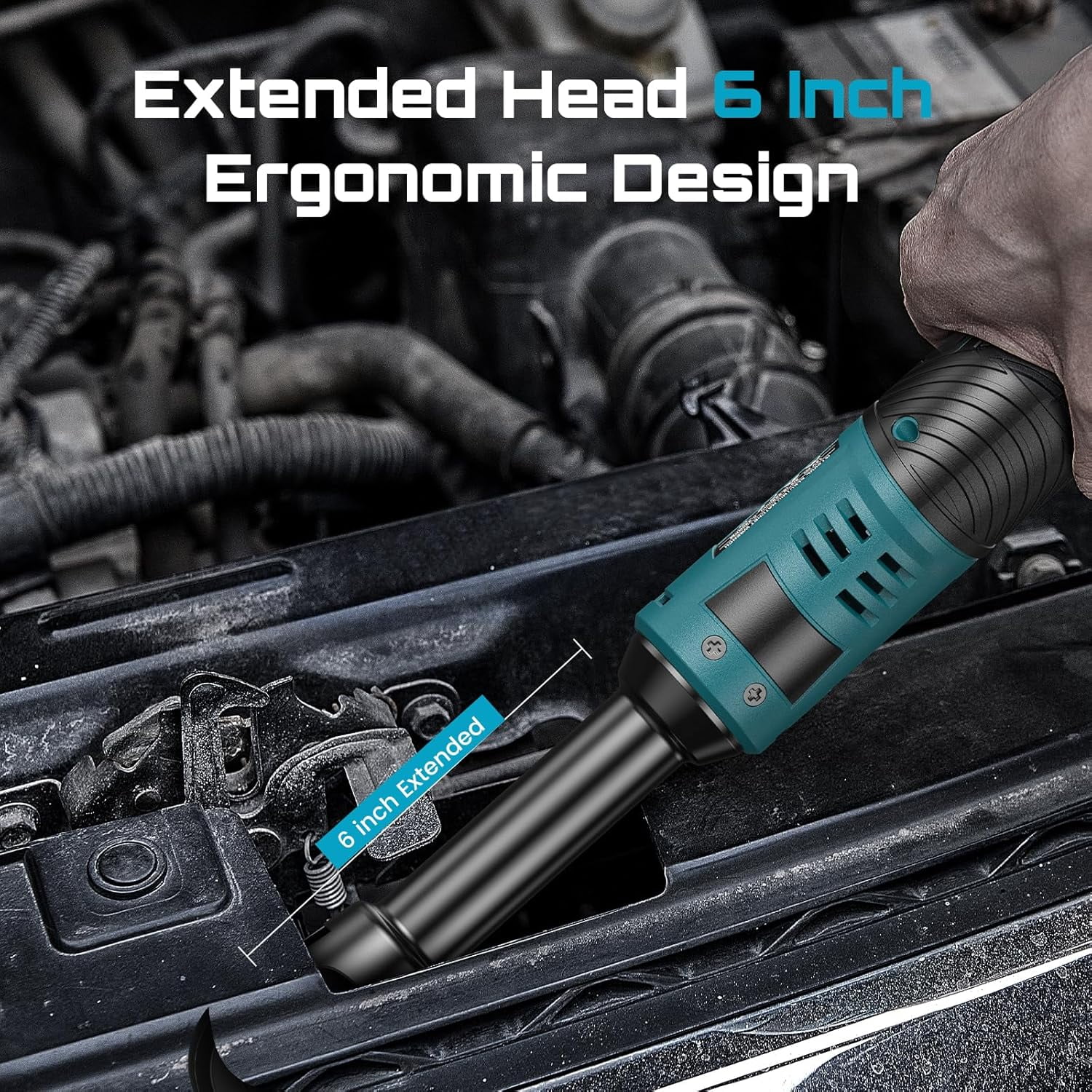 Seesii 3/8" Cordless Ratchet Wrench, 40Ft-lbs (54N.m) 220RPM Light Weight Powered Electric Ratchet, 6" Extended Long Neck with Built-in LED, 2x 2.0Ah Batteries, 7x Sockets(10/11/12/13/14/15/17mm) - Image 3