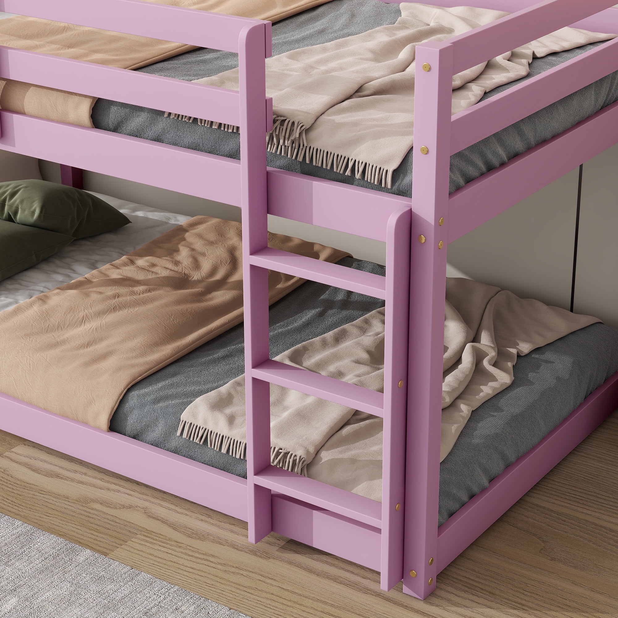 Miniyam Twin over Twin Bunk Bed with Ladder for Kids and Teens, Light Pink - Image 2