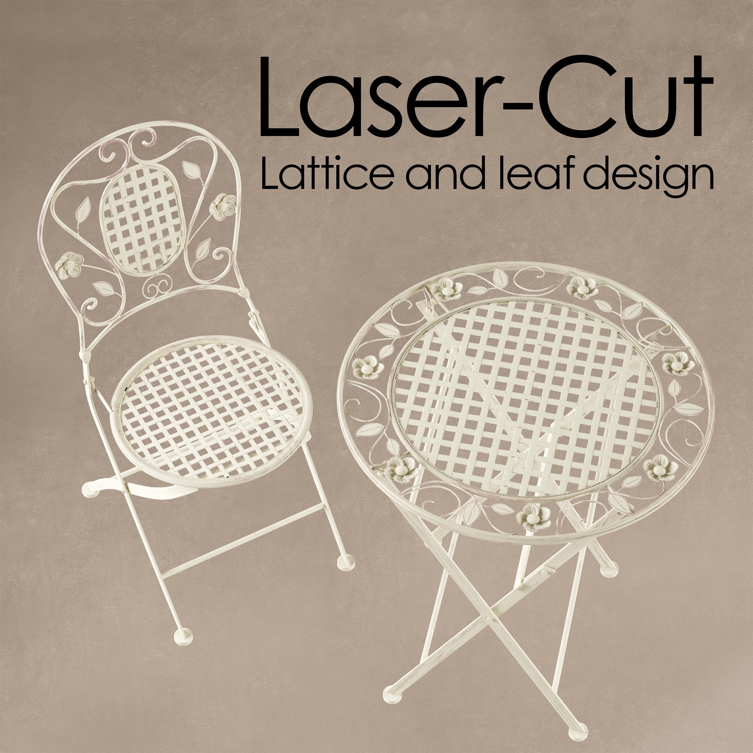 Lavish Home Wrought Iron Folding Bistro Set – 3-Piece Table and Chairs with Lattice & Leaf Design (Antique White) - Image 8