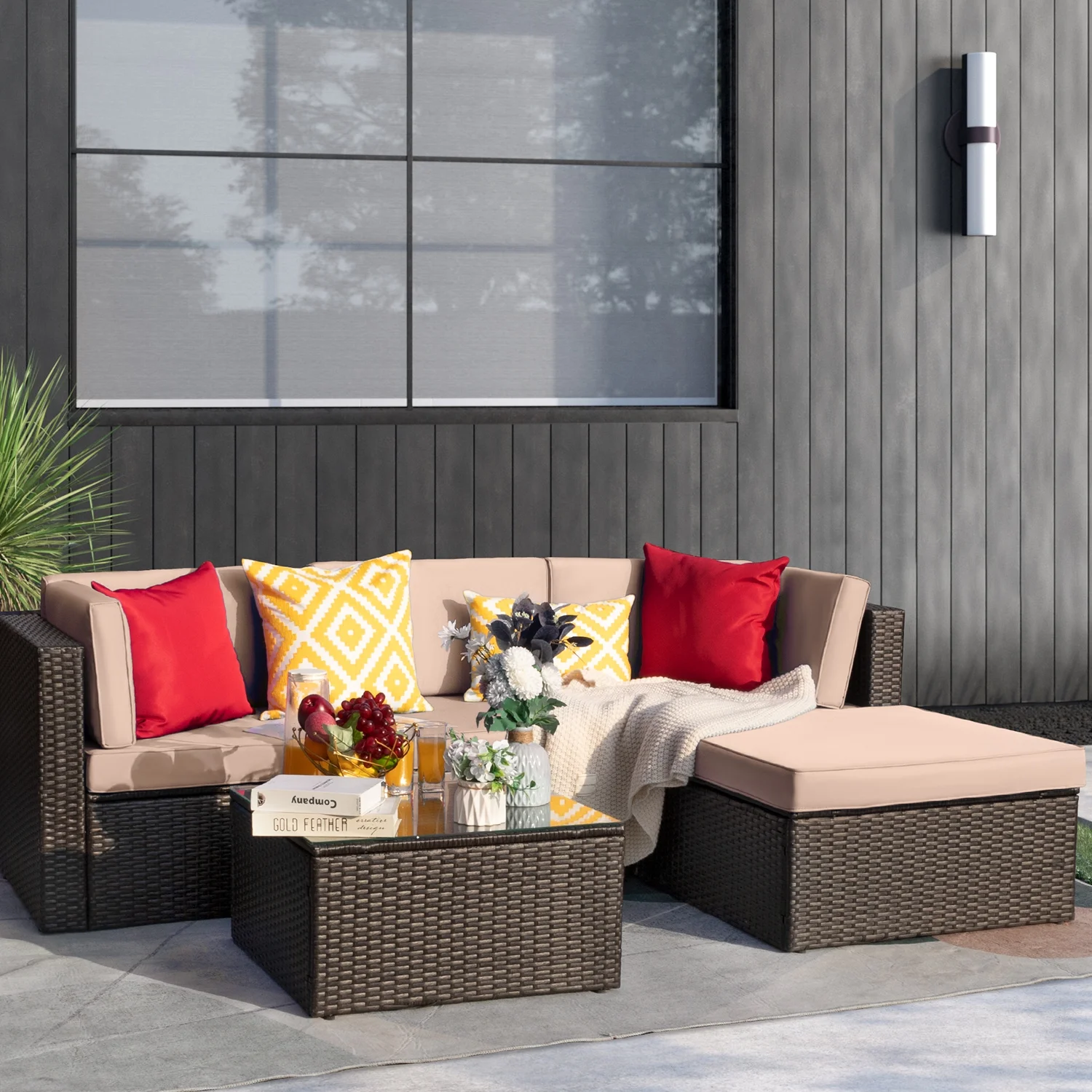 LACOO 5 Pieces Patio Rattan Sectional Set Outdoor Conversation Set , Beige - Image 5