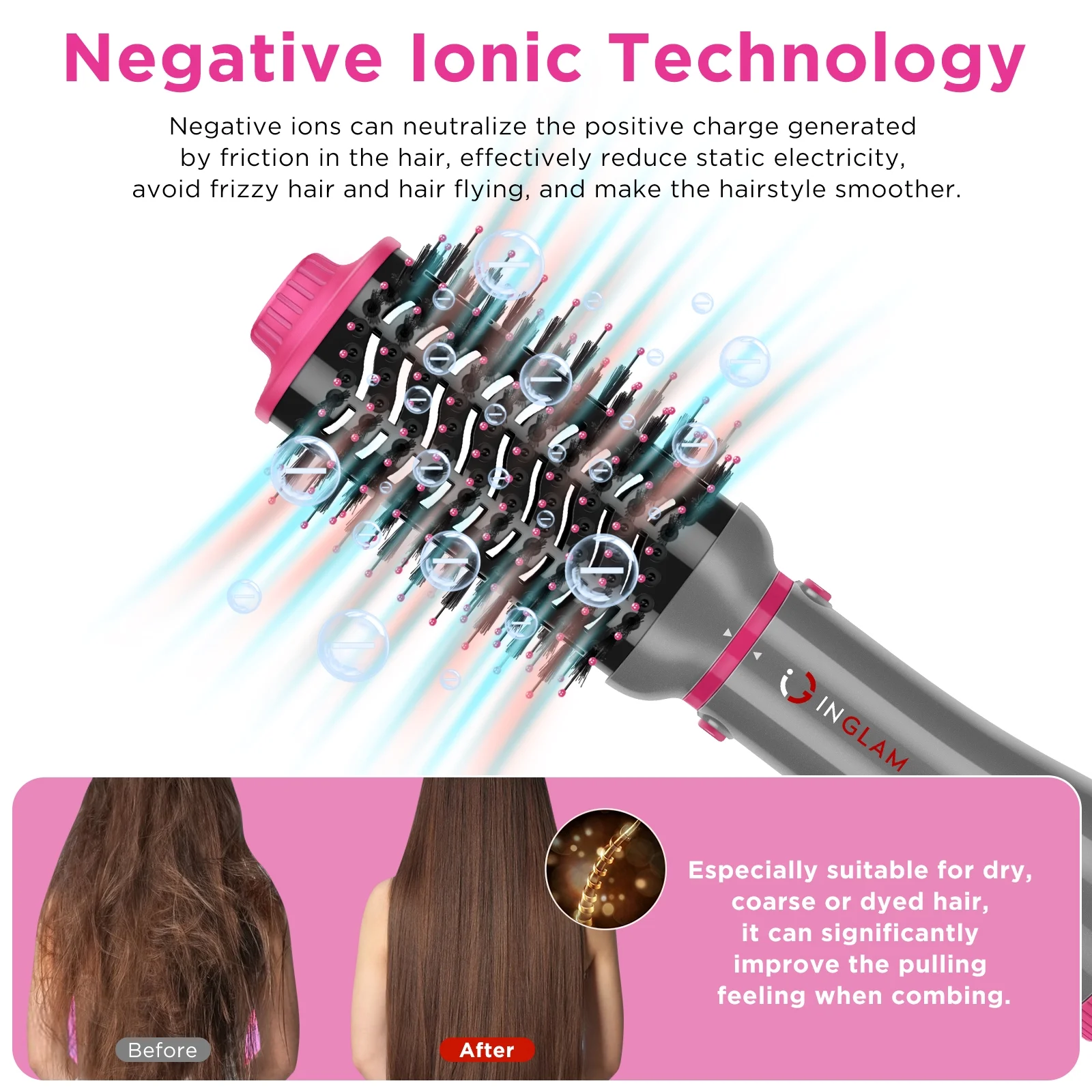 IG INGLAM 4 in 1 Hair Appliance, Hair Dryer Brush, Detachable Brush Hair Dryer Set, Negative Ion Blowout Brush for Straightening/ Drying/ Curling/ Styling, Gray - Image 2
