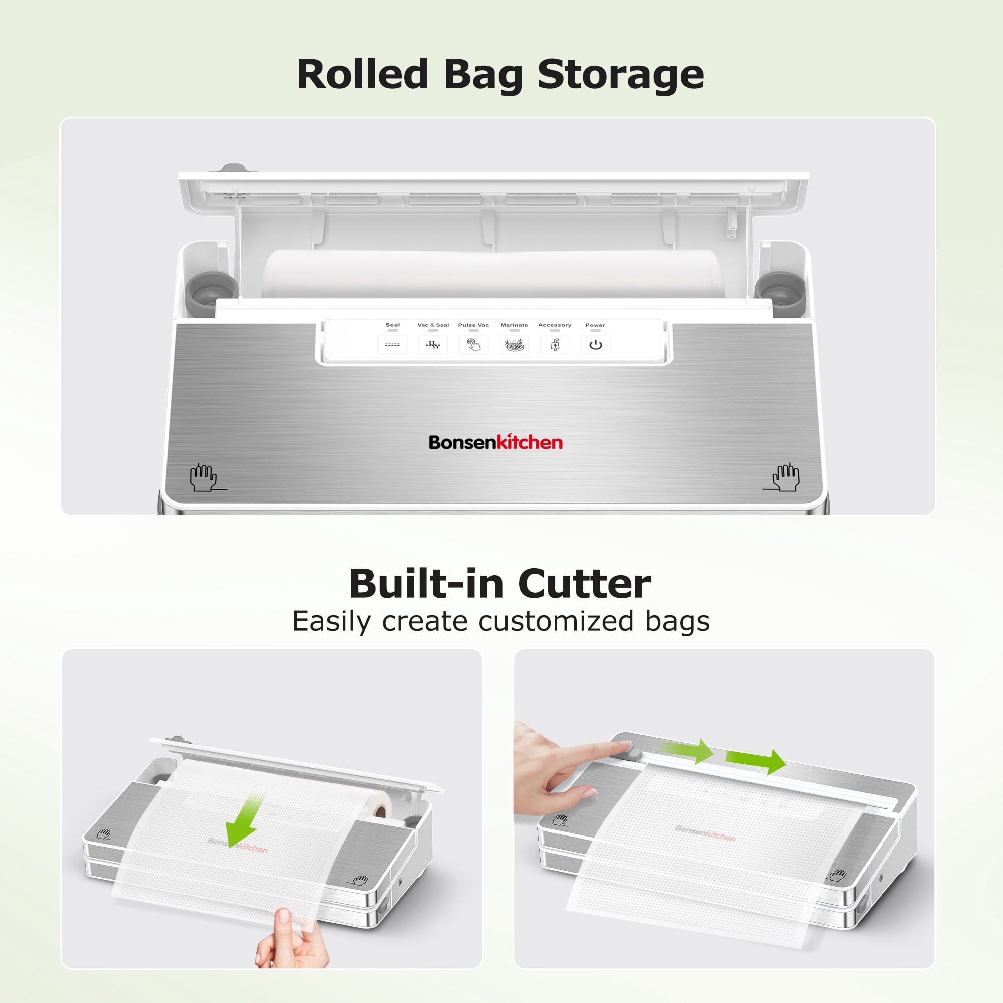 Bonsenkitchen Vacuum Sealer, Stainless Steel Food Sealer with Built-in Cutter and Bag Storage, include 1 Roll Bag & Vacuum Bags - Image 6