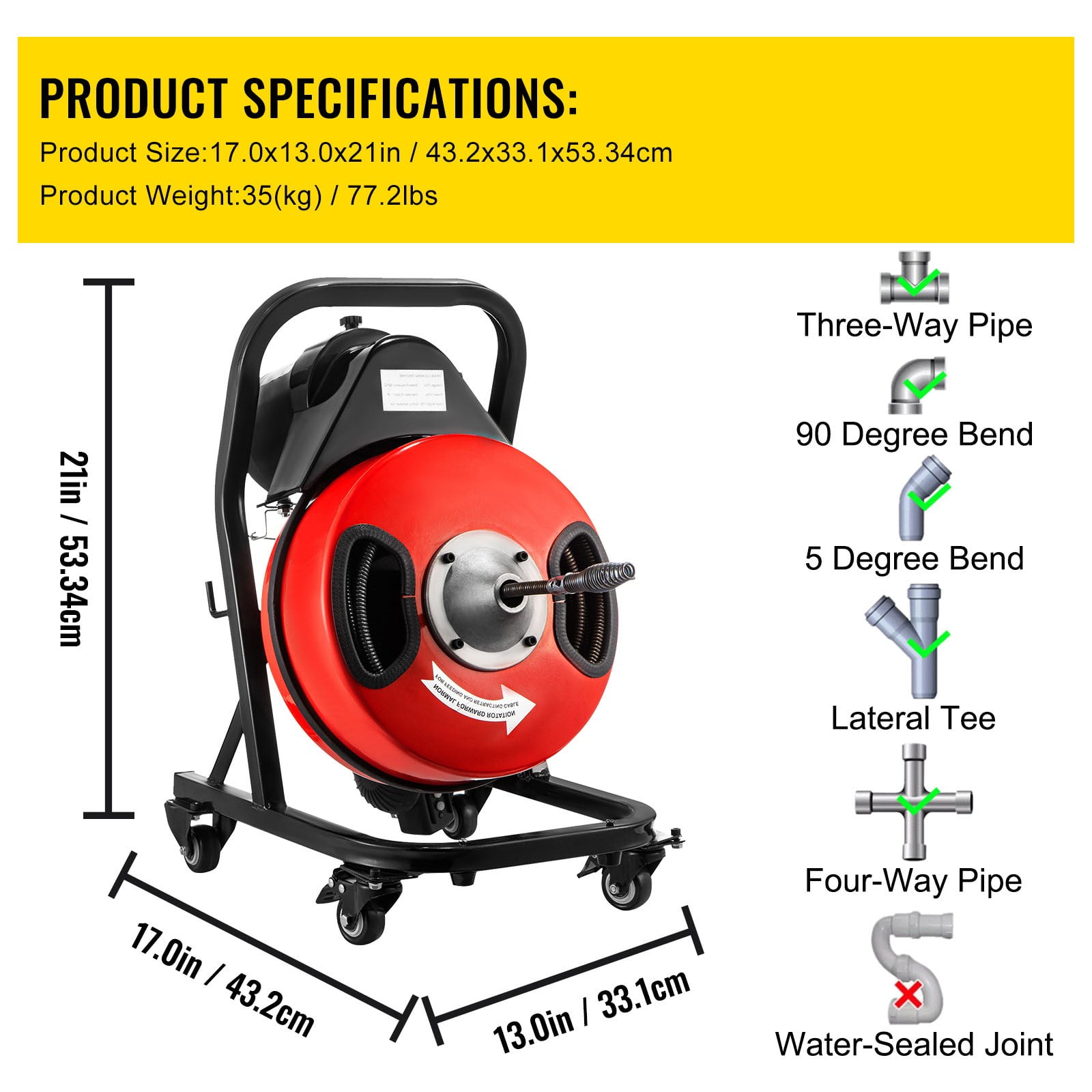 VEVOR Drain Cleaner Machine 50ft x1/2 in, 250W Electric Drain Cleaning Machine ,Drain Auger Cable w/Wheels - Image 8