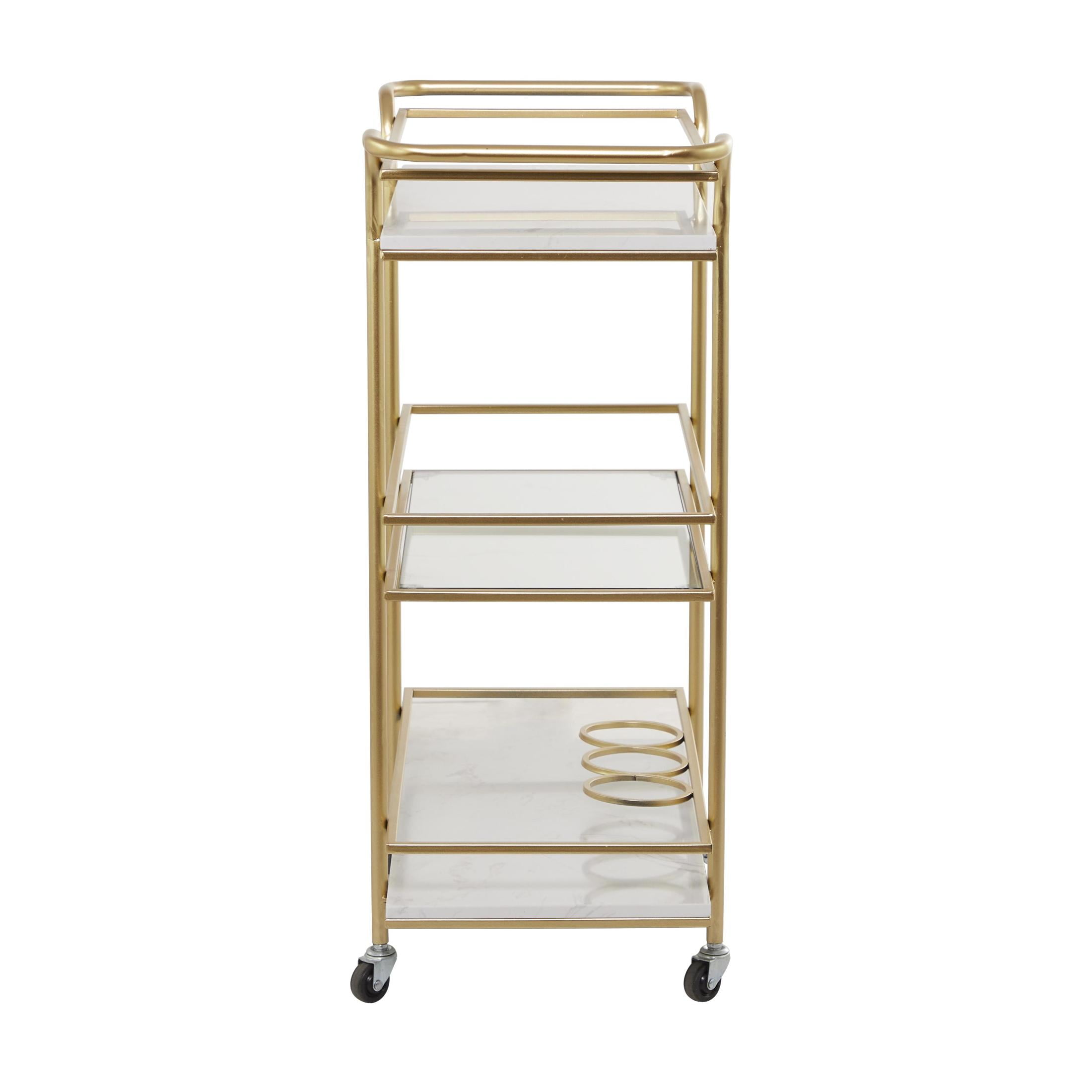 DecMode 27" x 33" Gold Marble Rolling 2 Shelf Bar Cart with Handles, 1-Piece - Image 2