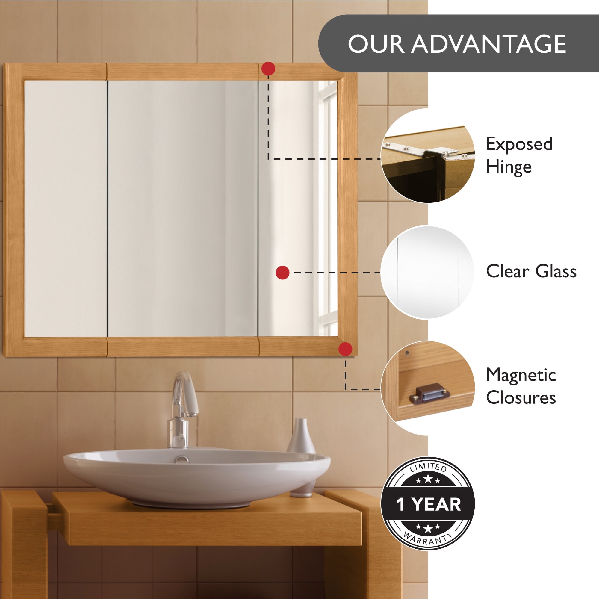 Design House 36" Wood Tri-View Wall Mount Bathroom Medicine Cabinet, Nutmeg Oak - Image 2