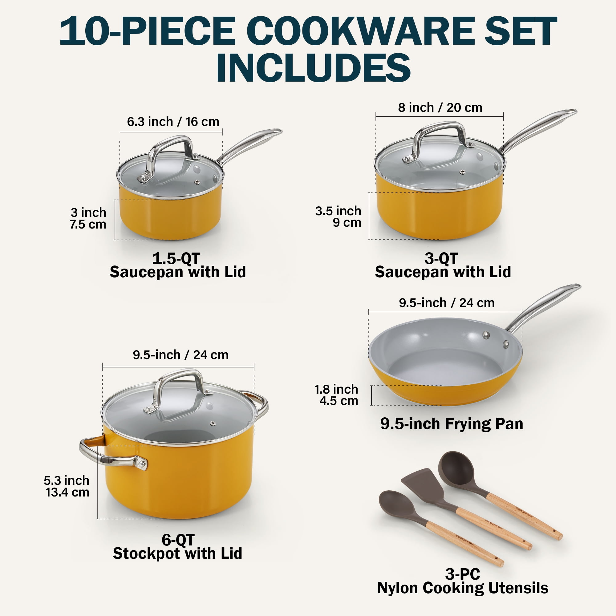 Cook N Home Pots and Pans Set Non Stick, 10-Piece Hard Anodized Nonstick Healthy Ceramic Cookware Set, Induction Cookware Cooking Set with Stay-Cool Handles, Nylon Kitchen Utensils, Oven Safe, Yellow - Image 3
