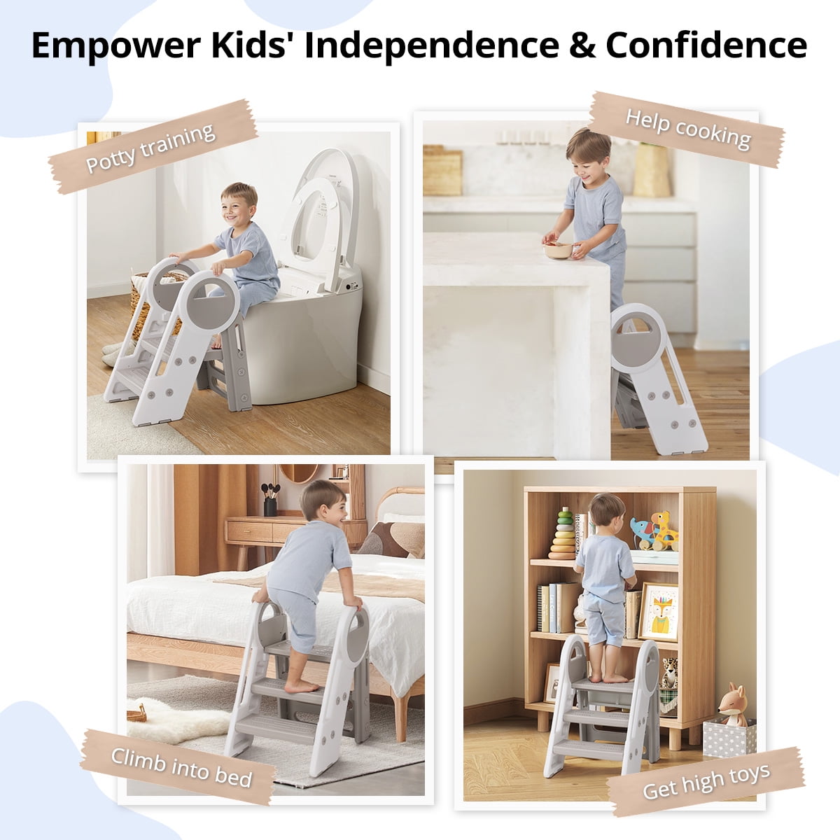 Toddler Step Stool,CAVEEN Foldable Stool for Kids ,Step Helper Adjustable 3 to 2 Stool for Kitchen,Gray - Image 3