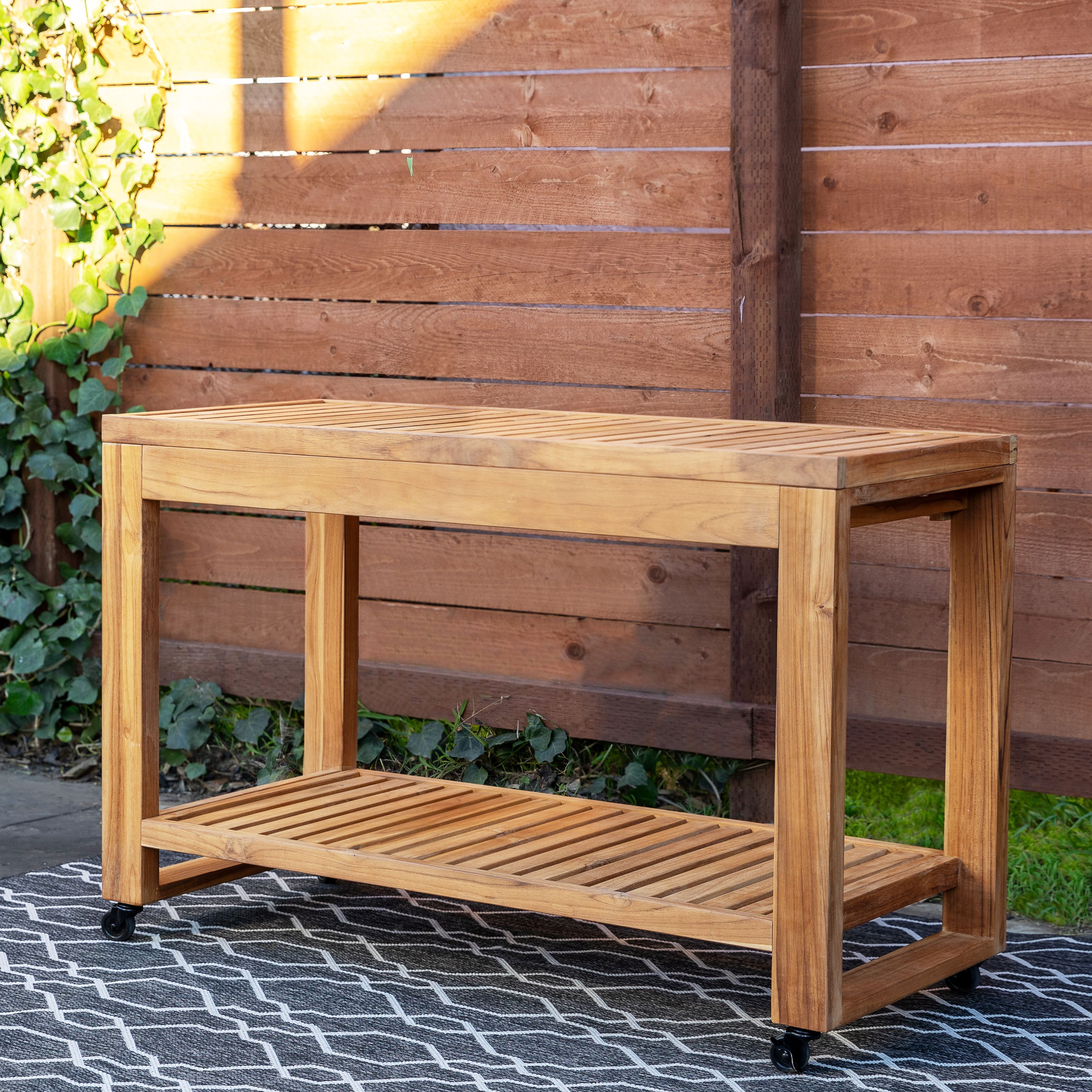 Linon Cormeer Outdoor Island Slatted Surface Teak Kitchen Island Wheels and Locking Casters, Natural - Image 9