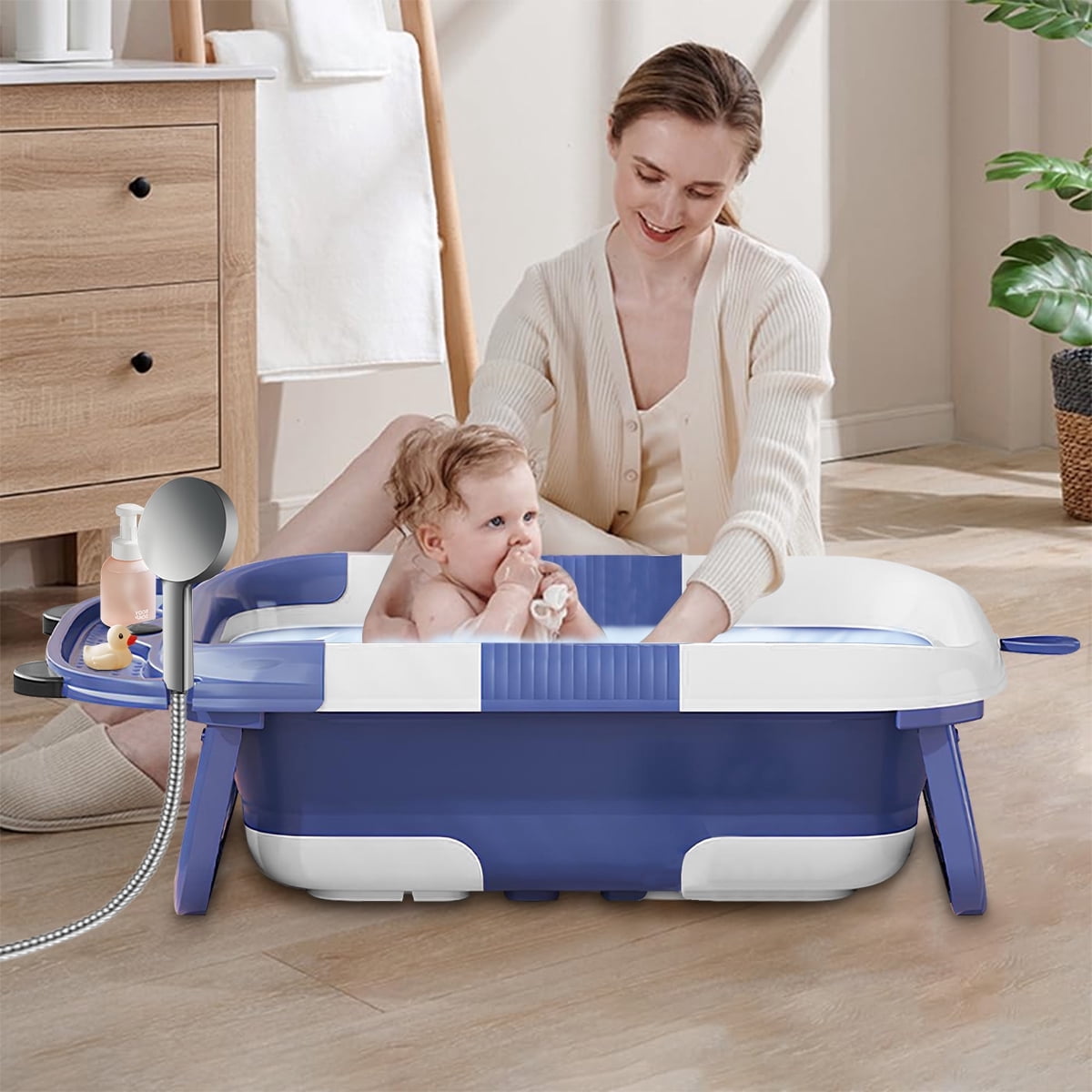Foldable Baby Bathtub Portable Infant Baby Bath Tub with Thermometer and Shower Hole(Blue+ Pad) - Image 5