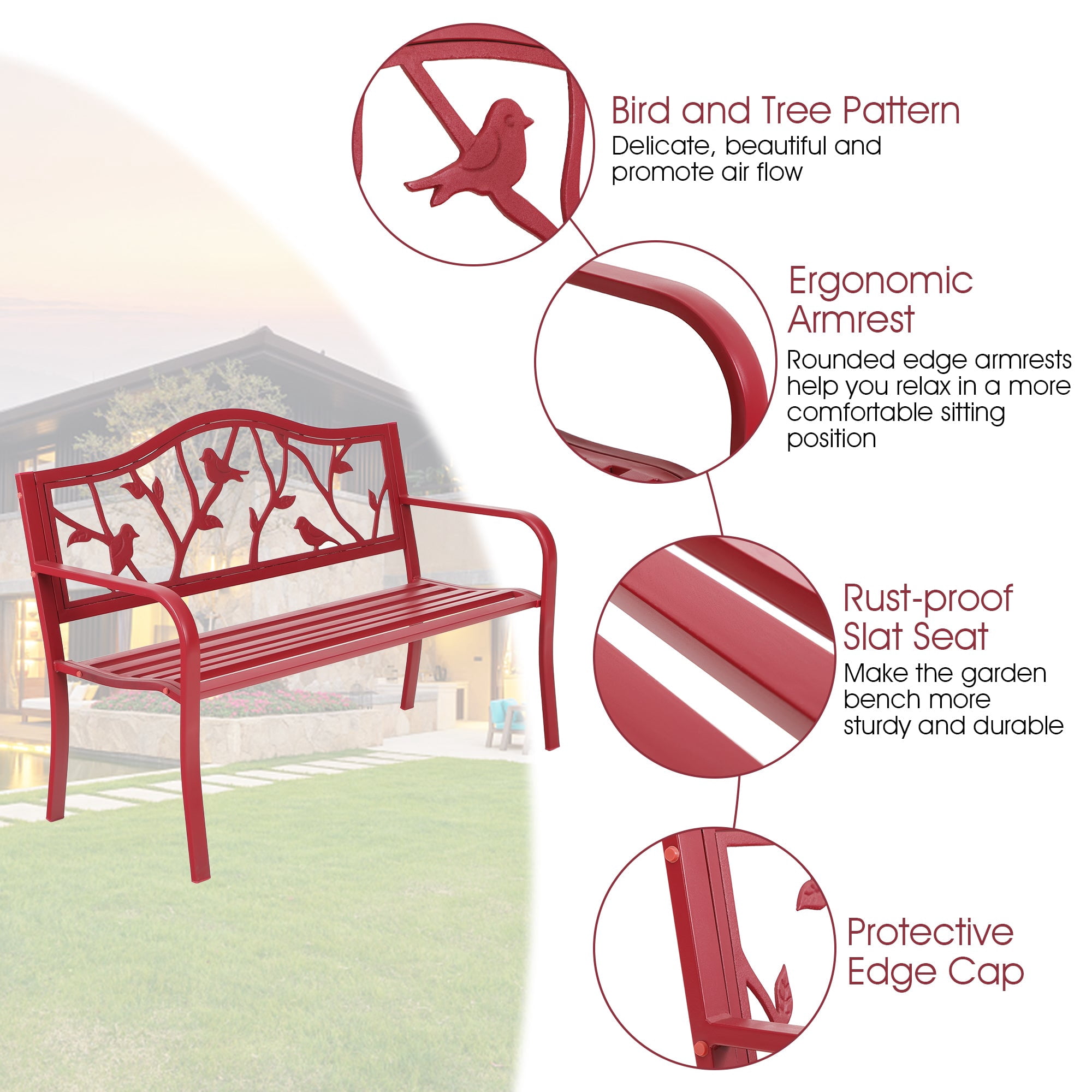 Sophia & William 50" Outdoor Metal Patio Garden Bench - Red Bird - Image 5