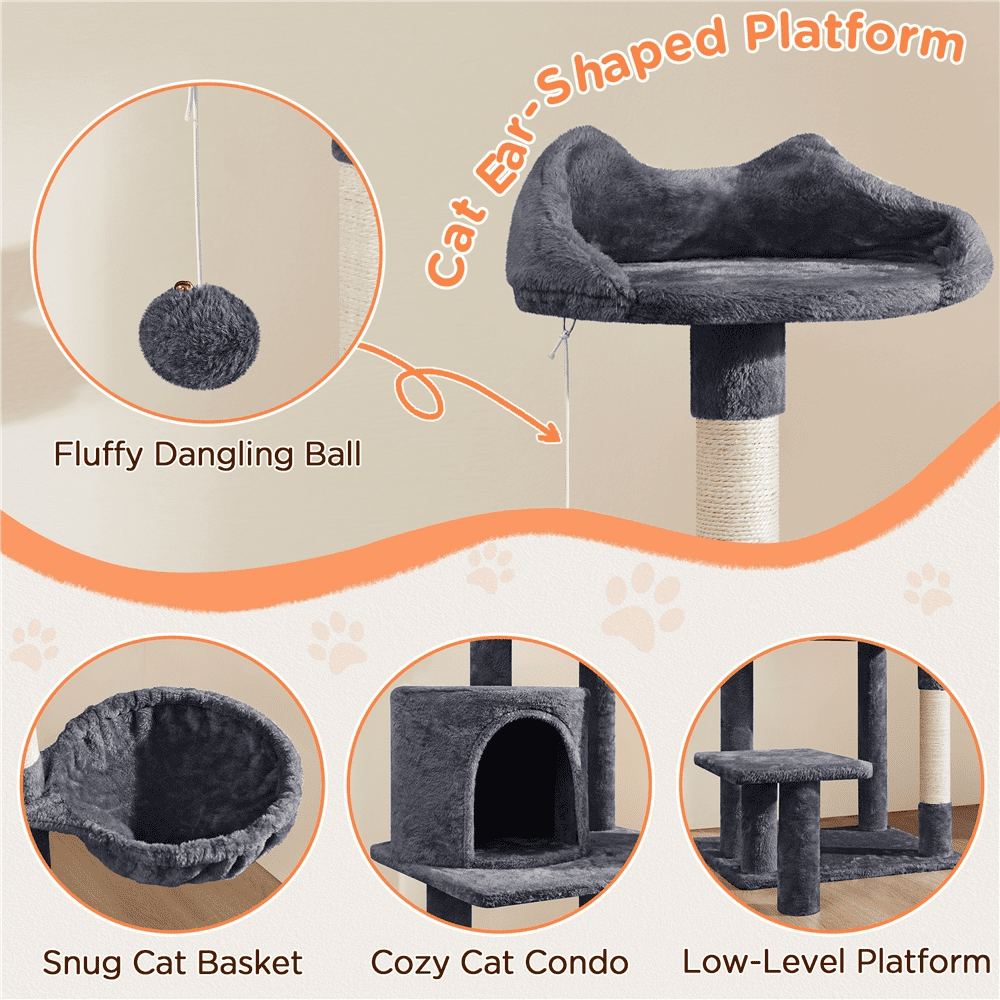 Alden Design 57″ Tall Multi Level Cat Tree with Basket & Condo & Scratching Post, Dark Gray - Image 5