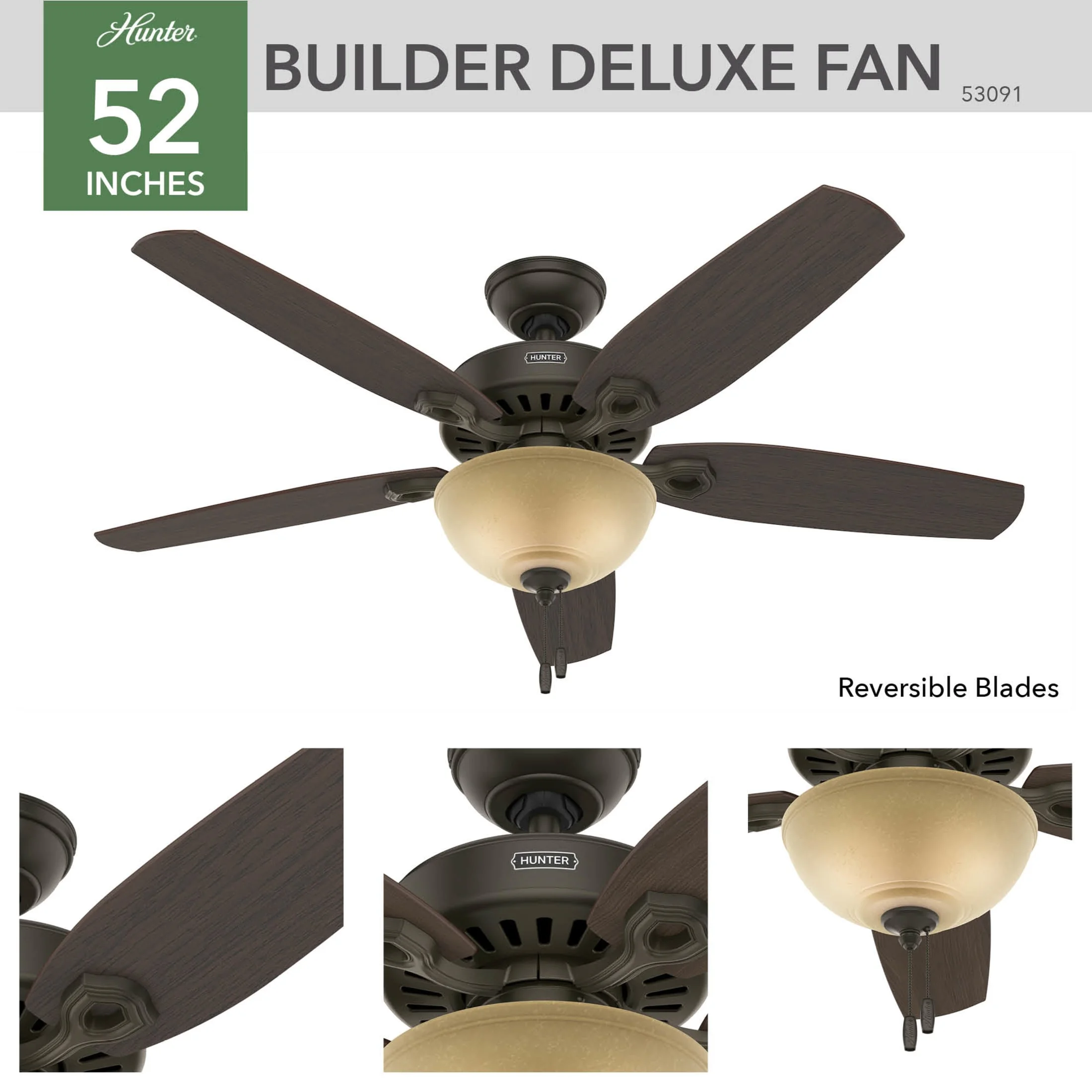 Hunter - Builder Indoor Ceiling Fan With Light, 52-inch, New Bronze, Traditional-style, 3-speed WhisperWind Motor, 53091, for living rooms, bedrooms, home offices, kitchens - Image 6