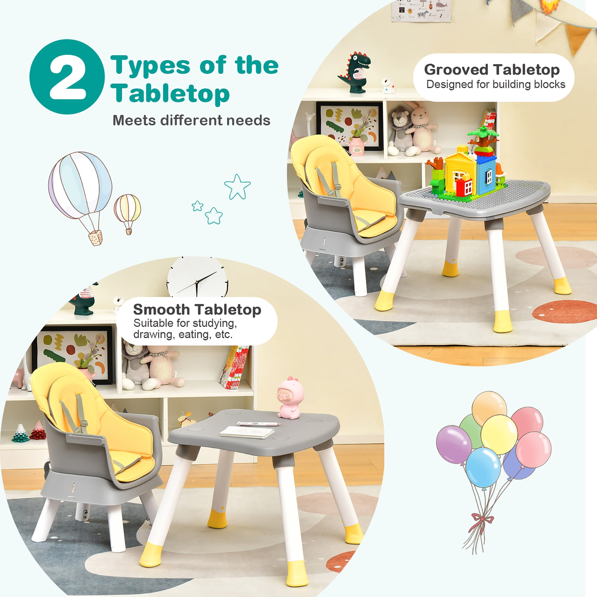 Babyjoy 8-in-1 unisex Baby High Chair Convertible Dining Booster Seat with Removable Tray Yellow - Image 2