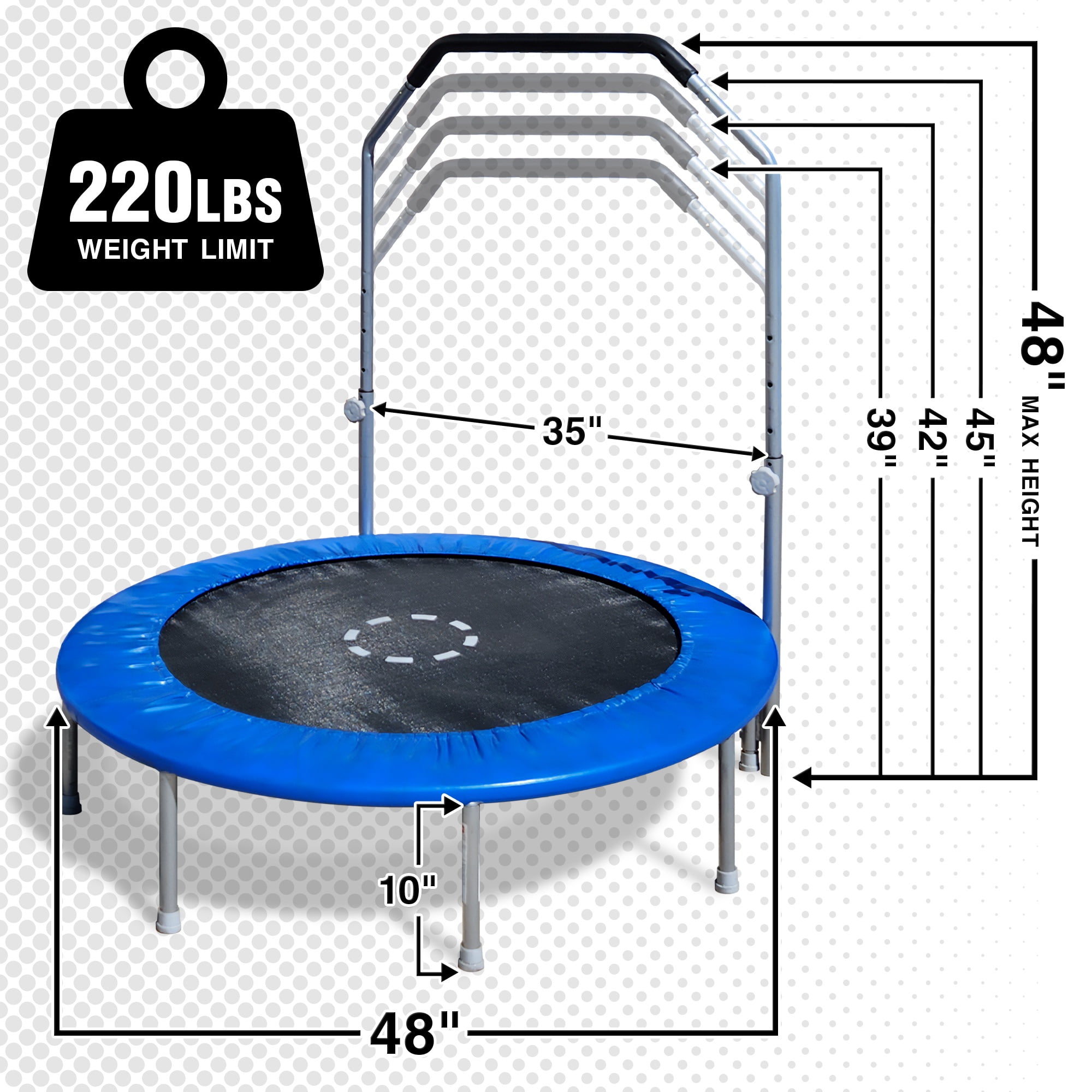 Sportspower TruJump 48" Indoor/Outdoor Mini Trampoline, Fitness Rebounder Trampoline with Adjustable Handle, BLUE - Image 3