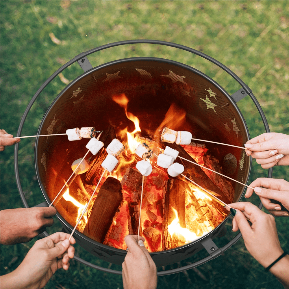 Alden Design Iron Fire Pit with Poker Mesh Cover for BBQ Backyard Patio, Black - Image 5