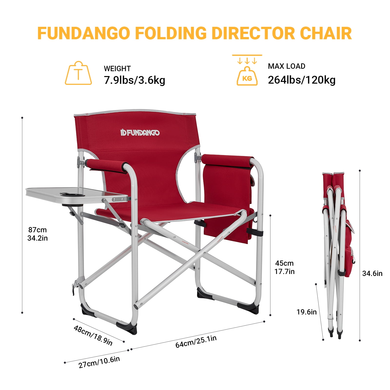 FUNDANGO Heavy Duty Folding Camping Director Chair for Adults, Supports to 264lbs,Red - Image 4