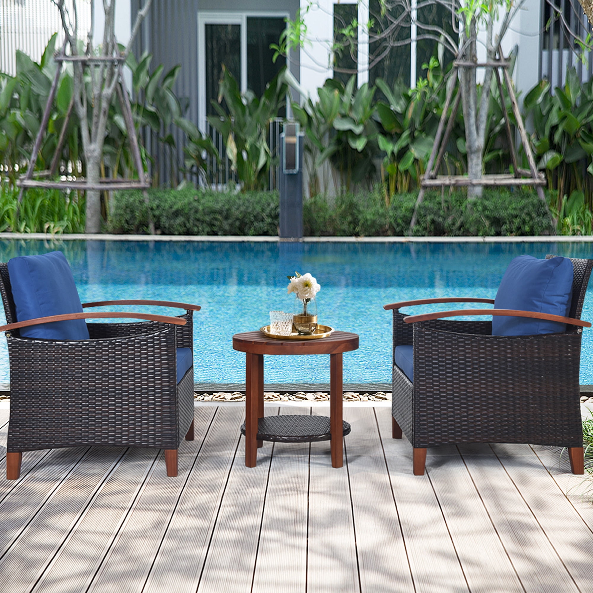 Gymax 3PCS Patio Wicker Rattan Conversation Set Outdoor Furniture Set w/ Cushion - Image 7